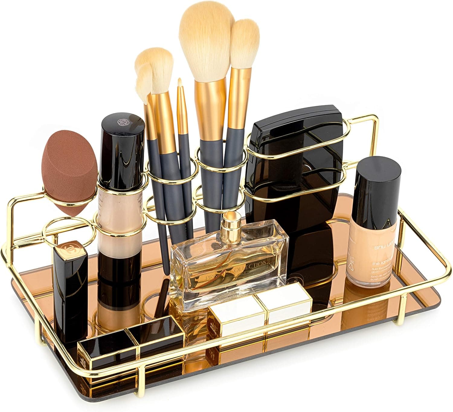 Pittaigo Vanity Tray for Bathroom, Perfume Tray Gold Mirror Tray Jewelry Makeup Storage Organizer for Counter Dresser, 8 Slots for Make Sponge Brushes Toothbrush Cosmetics, Gold