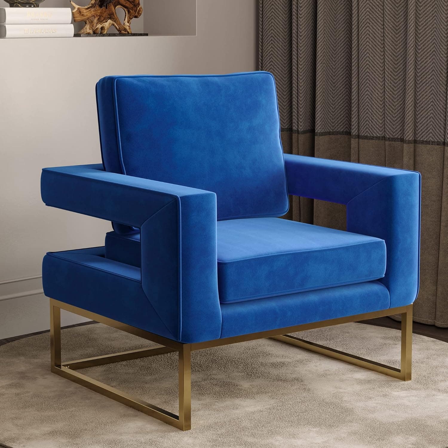 BELLEZE Modern Accent Chair Oversized Armchair Upholstered Velvet Chair with Anti-Fingerprint Stainless Steel Base Comfy Chairs for Living Room, Bedroom - Karat (Blue)