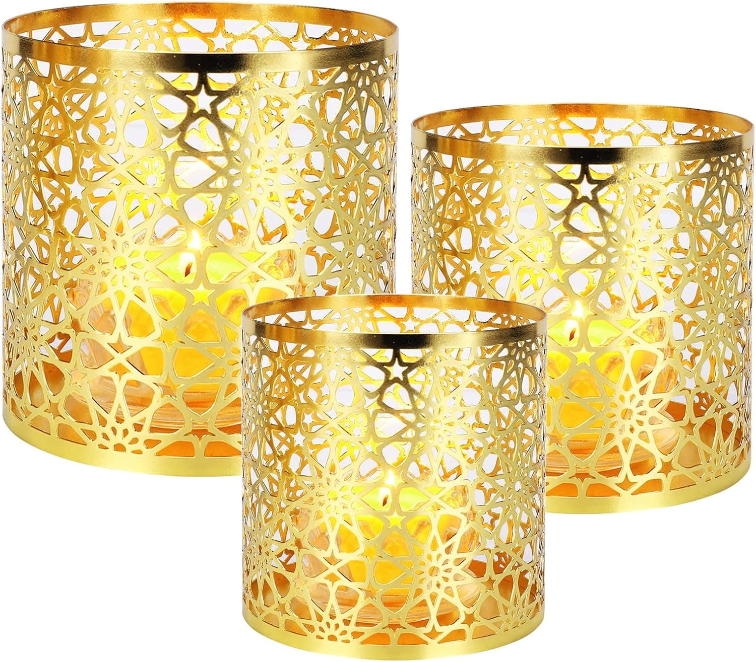 Hurricane Candle Holder Set of 3 Gold Metal Candle Holders, Tea Light Votive Candle Holders for Wedding Decor, Home Decor, Birthday Decor, Party Decor, Sunflower Pattern