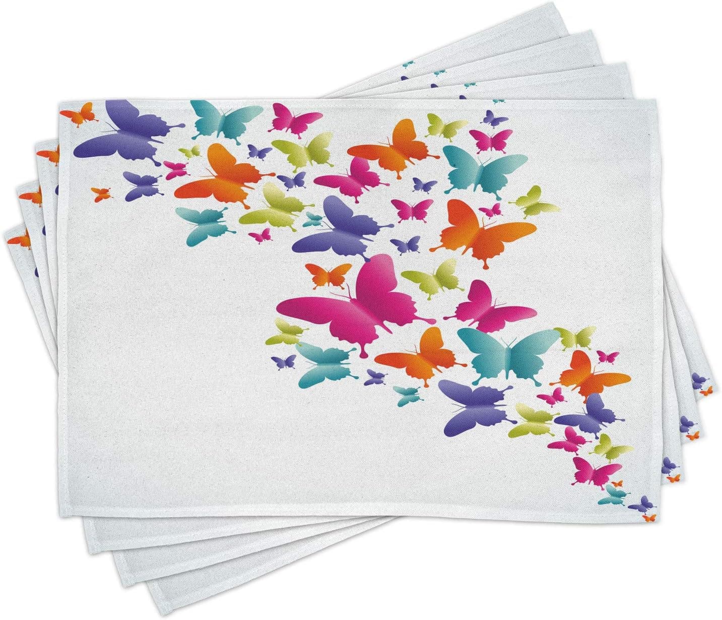 Lunarable Rainbow Place Mats Set of 4, Nature Inspired Butterflies in Various Sizes Rainbow Colors Natural Vibes Mood, Washable Fabric Placemats for Dining Room Kitchen Table Decor, Multicolor