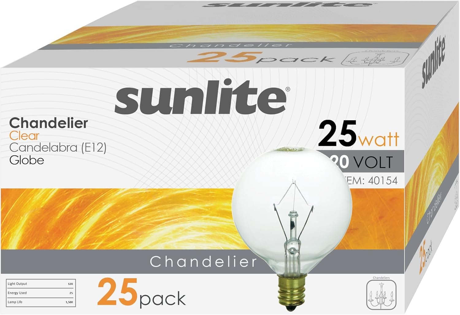 Sunlite 40154-SU G16.5 Globe Light Bulbs 25 Watts, Candelabra Base (E12), 120 Volt, Clear, Incandescent, Dimmable, 25 Pack, 2600K Warm White, Count