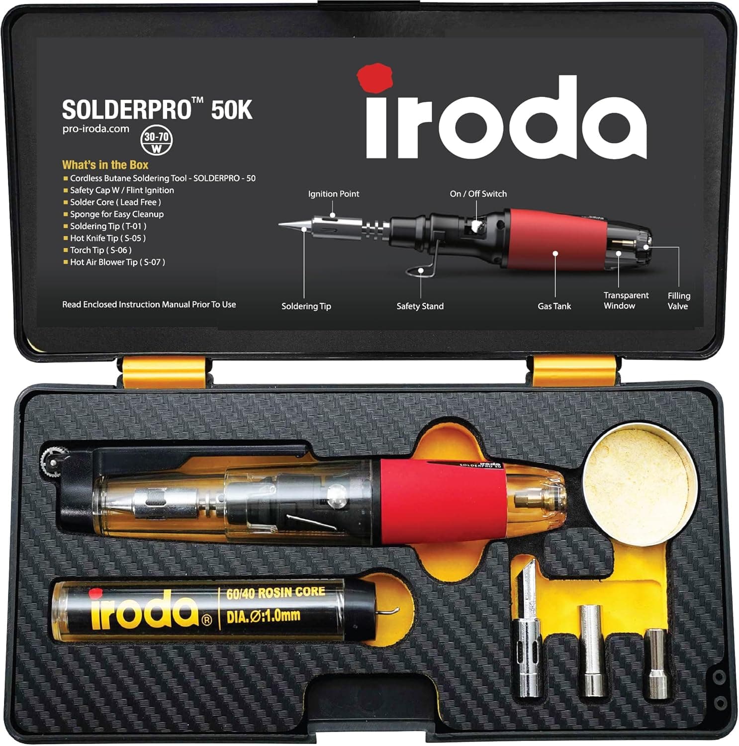 IRODA SOLDERPRO 50K Cordless Soldering Iron Kit | 4-in-1 30-70W Heat Gun Blower, Mini Torch Portable Butane Soldering Iron Kit, Rapid Heat Up, (Taiwan) No Butane Included