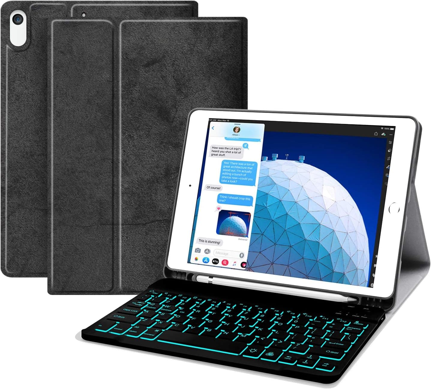Backlit Keyboard Case for iPad 10.5 Air 3rd Gen 2019 - JUQITECH iPad Pro 10.5 2017 Folio Tablet Case with Wireless Detachable Rechargeable Keyboard Full Protection Cover Built-in Pencil Holder, Black