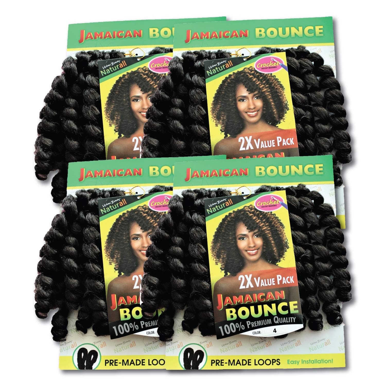 Jamaican Bounce 100% Premium Quality - 2X Value Pack - Crochet Braidable - Pre-Made Loops - Easy Installation (4Pack, 1B)