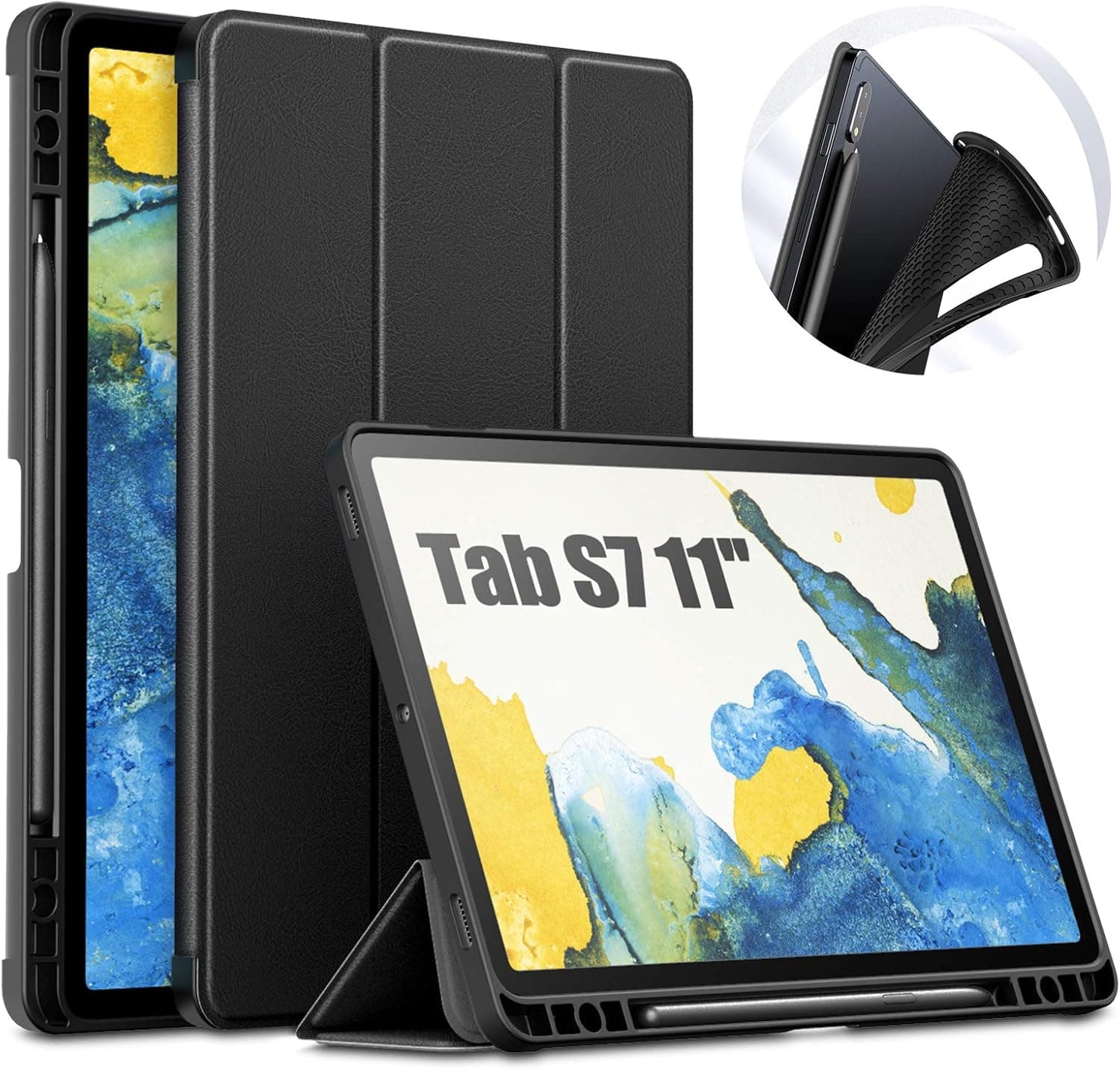 INFILAND Galaxy Tab S7 Case with S Pen Holder, Slim Tri-Fold Case Cover Compatible with Samsung Galaxy Tab S7 11-inch SM-T870/T875/T876 2020 Release Tablet [Auto Wake/Sleep], Black