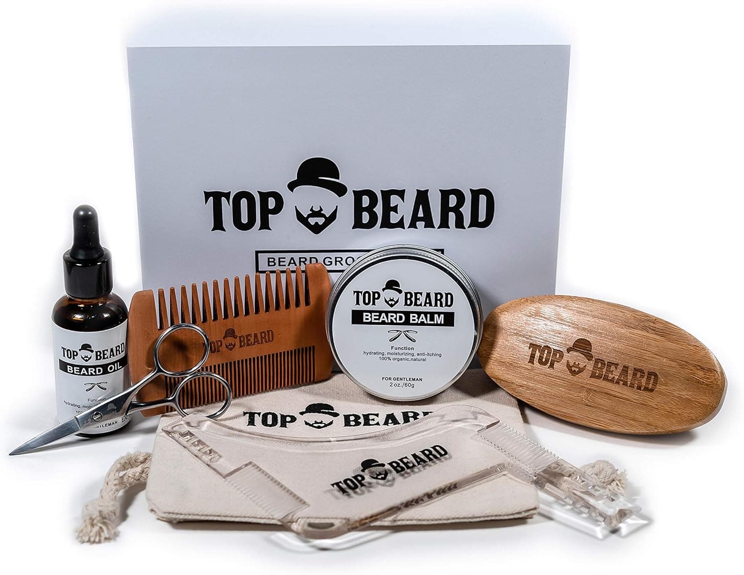 Top Beard Premium Beard Kit for Men - Beard Growth and Grooming Set W/Beard Trimmer Scissors, Beard Oil, Beard Balm, Beard Brush, Beard Comb and Bag in A Premium Wooden Gift Box. by Top Beard