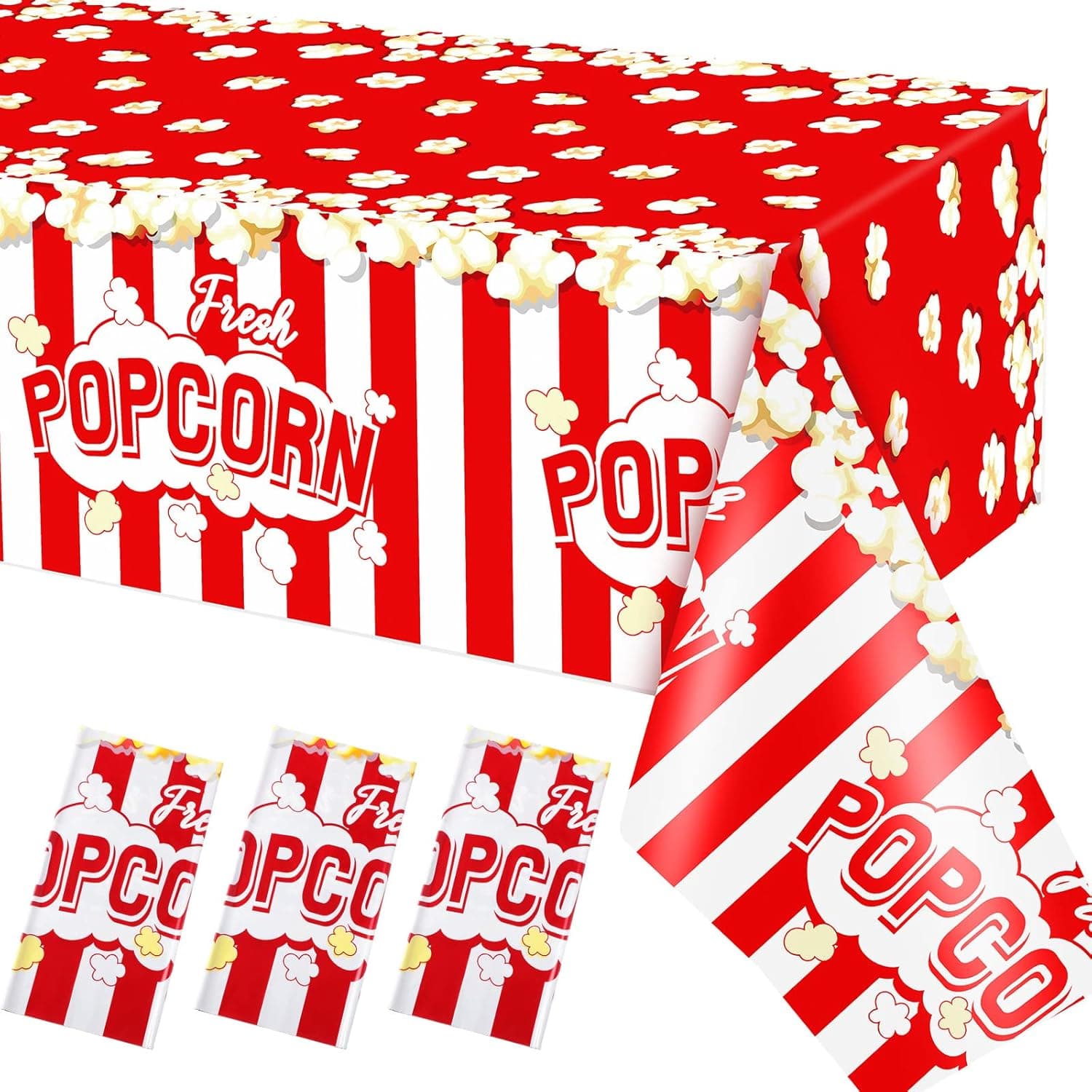3 Pieces Popcorn Tablecloth 54 x 108 Inch Plastic Popcorn Table Cover Popcorn Party Decorations Carnival Circus Movie Night Supplies Carnival Birthday Party Supplies Popcorn Tablecovers