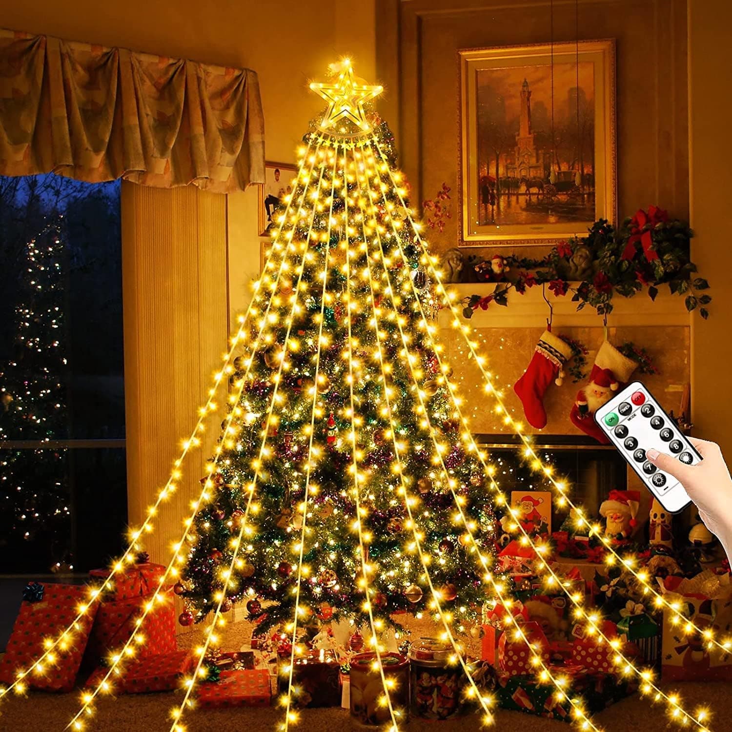 Outdoor Christmas Decorations Star Lights String,355 LED 12ft Christmas Waterfall Tree Lights,8 Memory Lighting Modes&Timer, Christmas Light for Tree Yard Patio Roof Holiday Decor (Warm White)