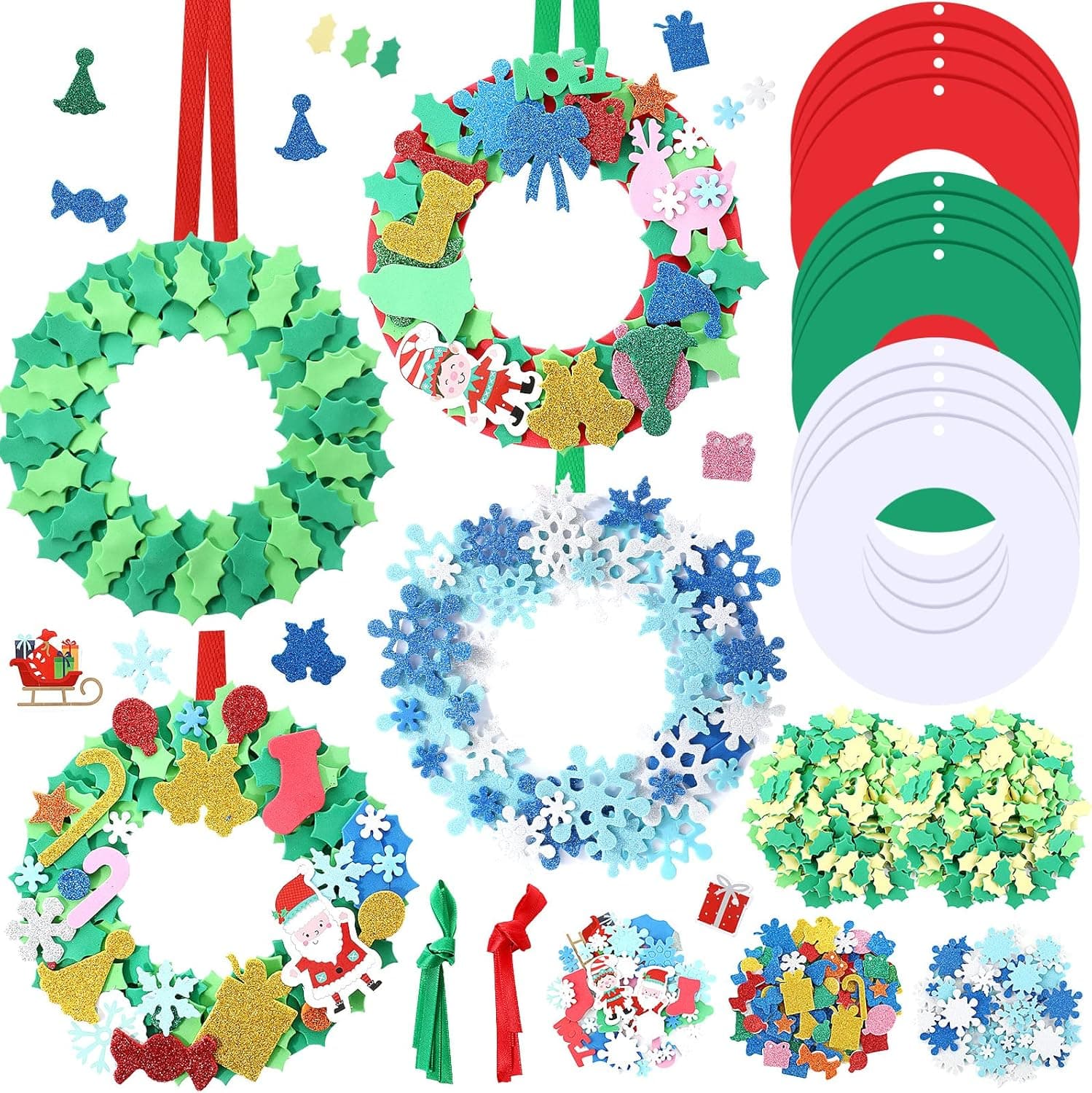 474 Pcs Christmas Foam Wreath Crafts Sets with 12 Foam Wreath 450 Christmas Diverse Foam Stickers 12 Ribbon Christmas Crafts for Kids Decorations Party Favors Fun Classroom Home Activities