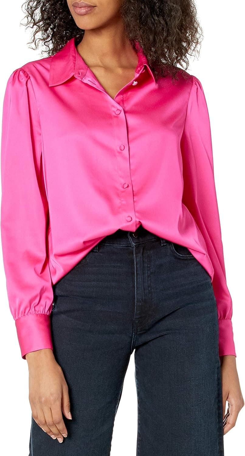 The Drop Women's Standard @Lucyswhims Long-Sleeve Button Down Stretch Satin Shirt