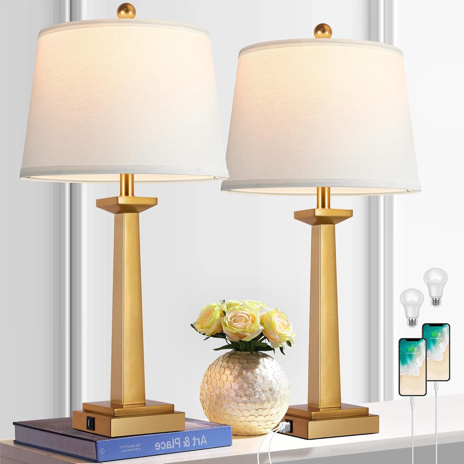 ROTTOGOON 29" Gold Table Lamps for Living Room Set of 2, 3-Color Temperature Nightstand Modern Table Lamps with Dual USB Charging Ports, Resin Brass Tall Table Lamp for Bedrooms (LED Bulbs Included)