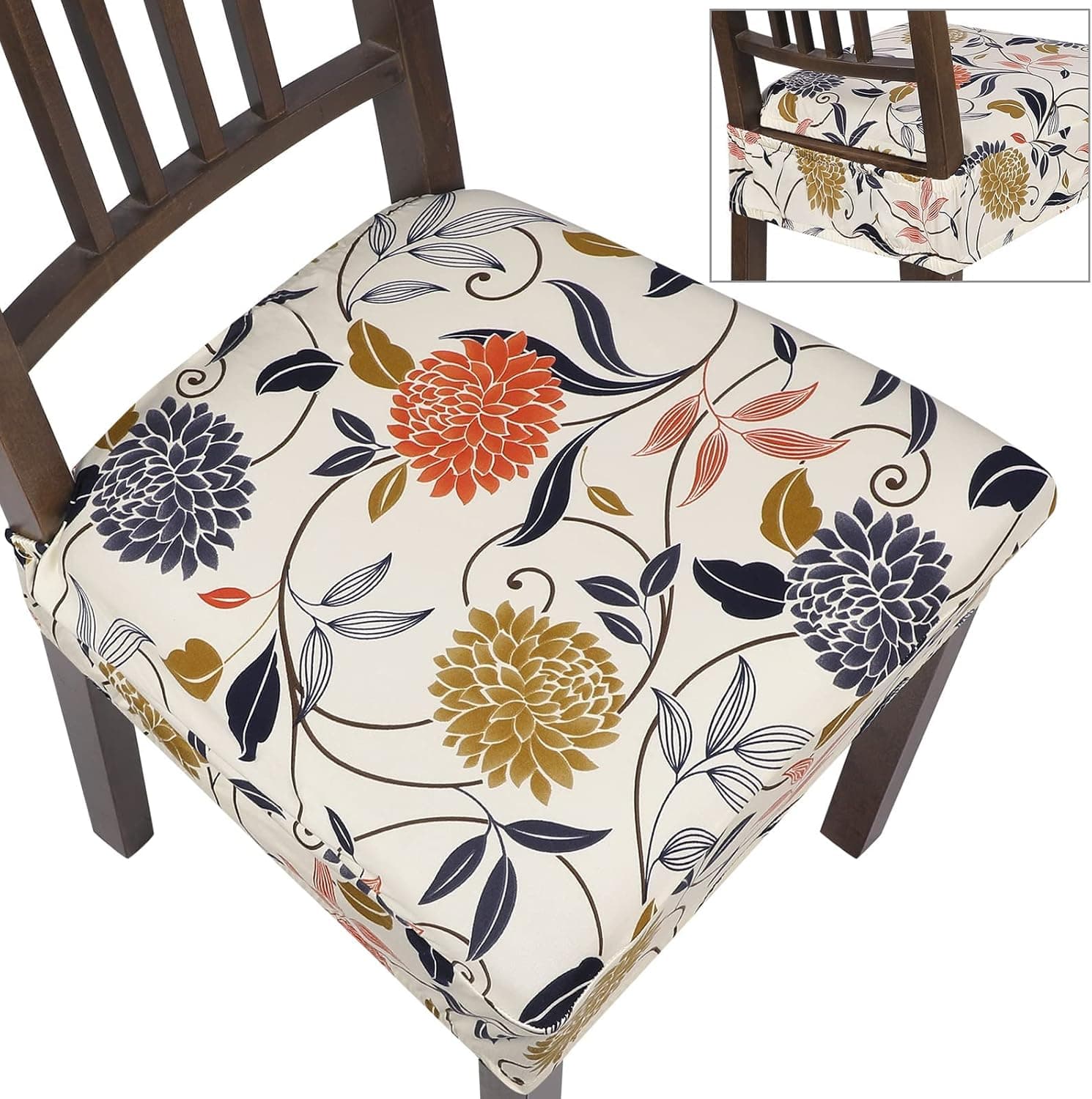 SearchI Stretch Dining Chair Seat Covers Set of 6, Soft Removable Washable Seat Covers for Dining Chairs, Dining Room Seat Cover Protector (No Rear, Orange Flower)