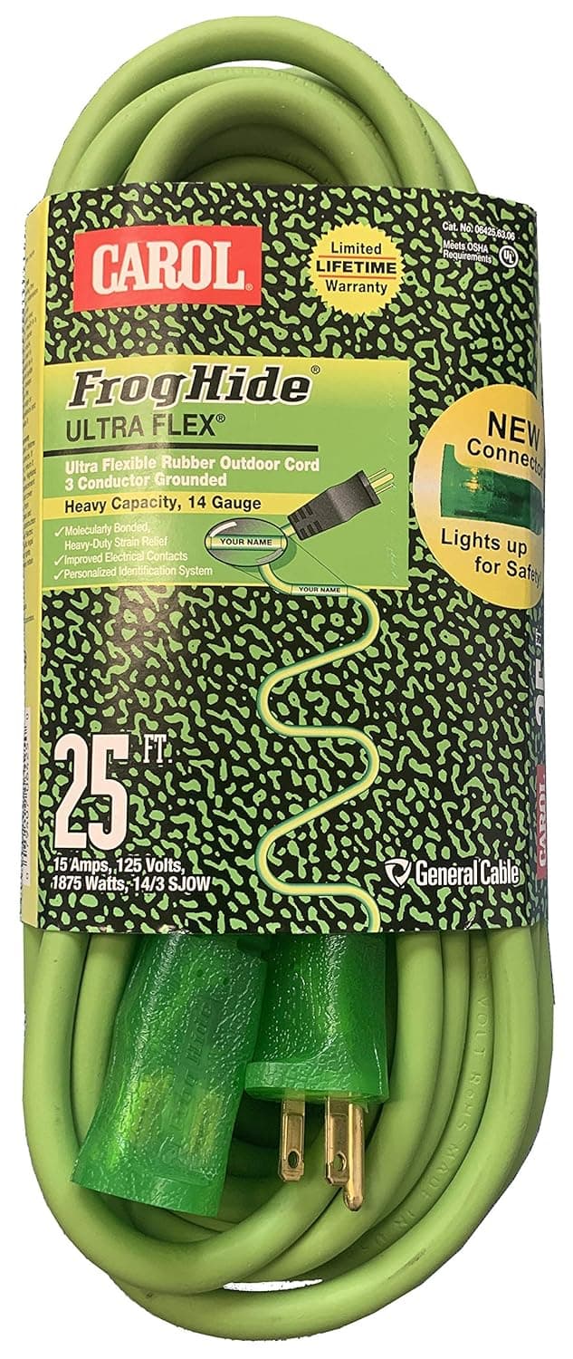 FrogHide Ultra Flex Lighted Extension Cord, Outdoor, 14 AWG, 3-Conductor Grounded, 25-Feet, Green CPE Jacket, NEMA 5-15P/5-15R, Straight Plug, Type SJOW, UL Listed, Made in The USA