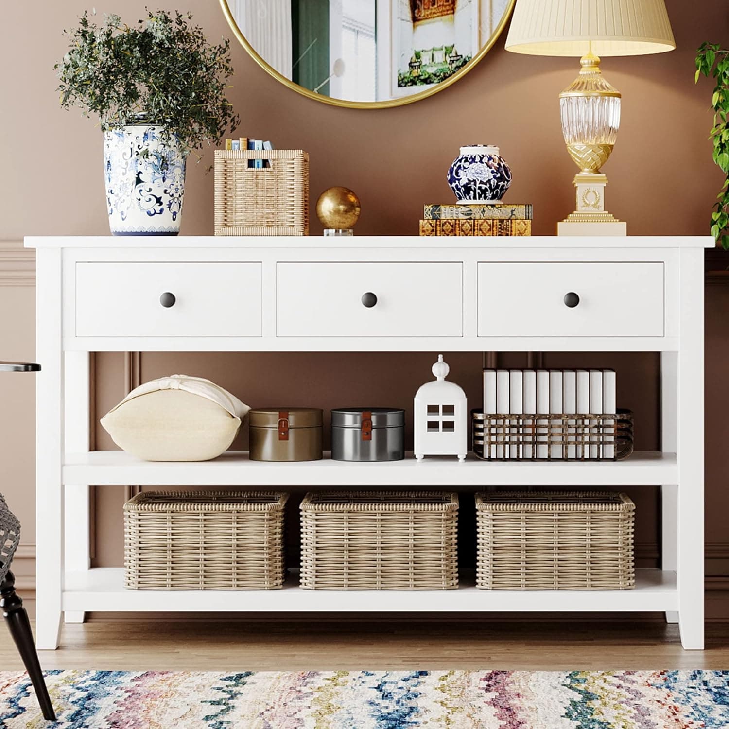 P PURLOVE 50 Inch Rustic Console Table with 3 Drawers Wood Sideboard Table with 2 Bottom Shelf 3 Tier Entryway Table for Entryway Hallway,Living Room