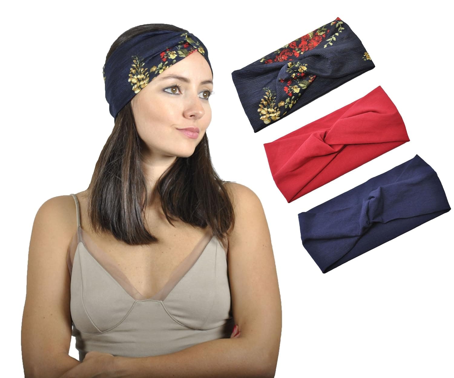 Special Design Headbands for Women - Turban Knotted Hair band - Set of 3 (Floral Navy Red)