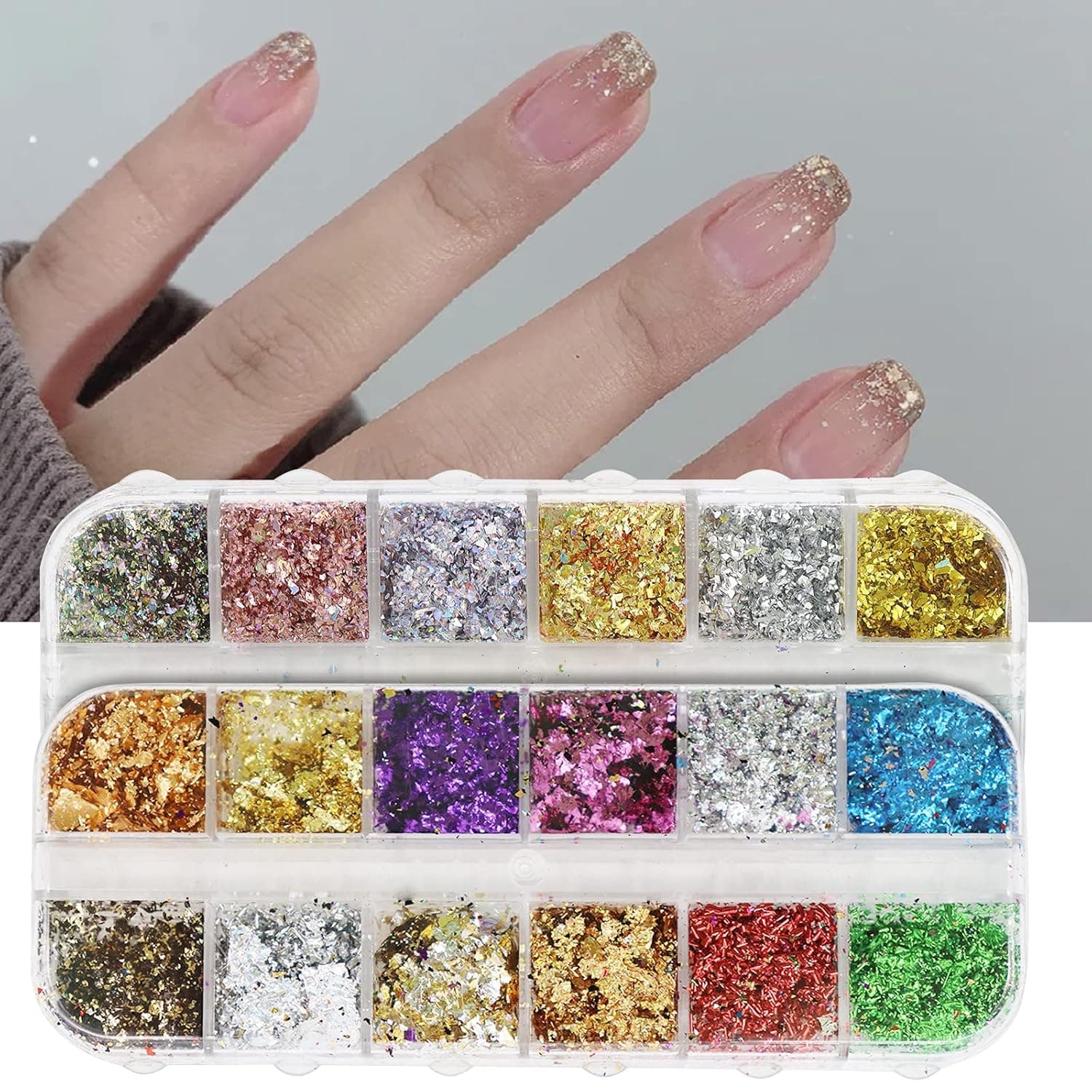 Nail Art Foil Flakes, EUUPS 24 Color Laser Foil Nail Glitter Nail Art Sequin for Nails Decorations, Foil Nail Art Supplies Gold Nail Decals for Nail , Makeup, Craft
