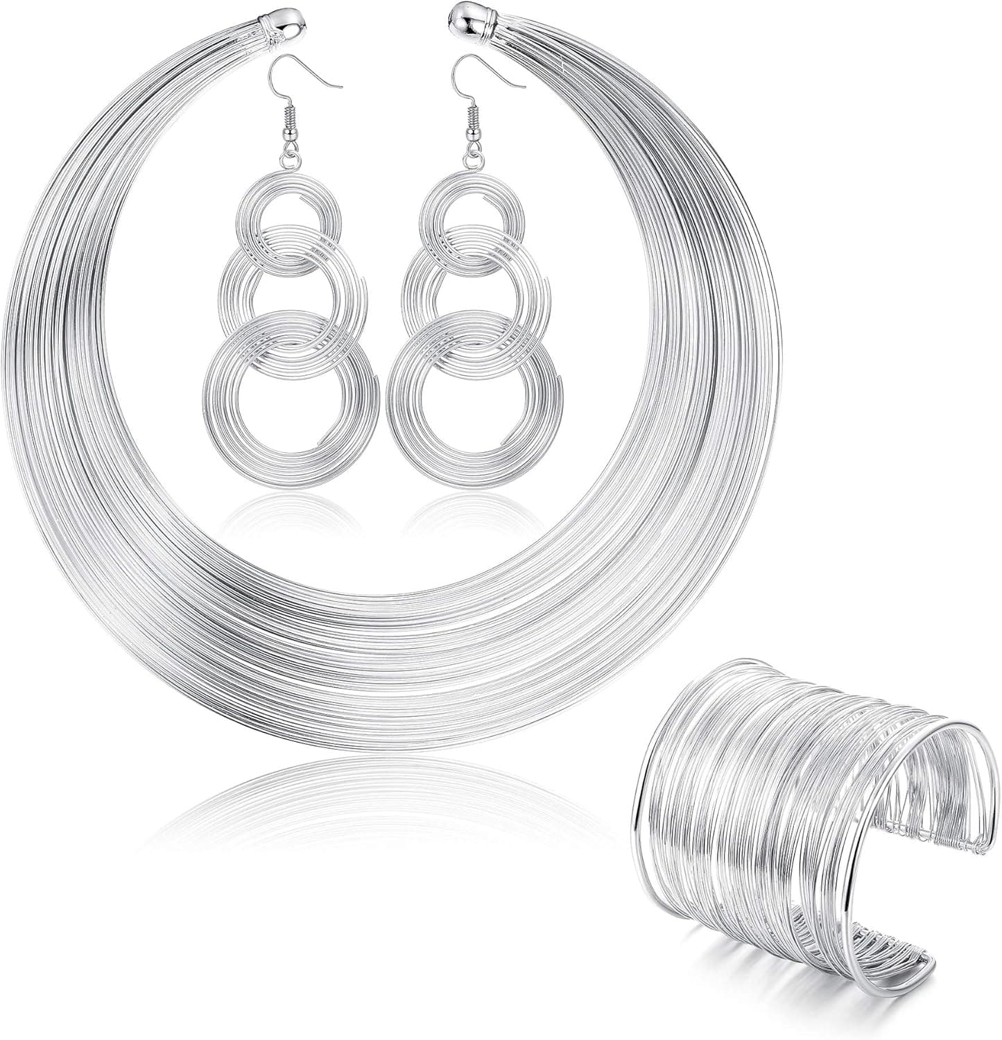 FIBO STEEL Bib Choker Statement Necklaces for Women 70s Disco Ball Dangle Earrings Wire Metal Coil Thin Cuff Bangle Bracelets Fashion Statement African Chunky Costume Jewelry Set