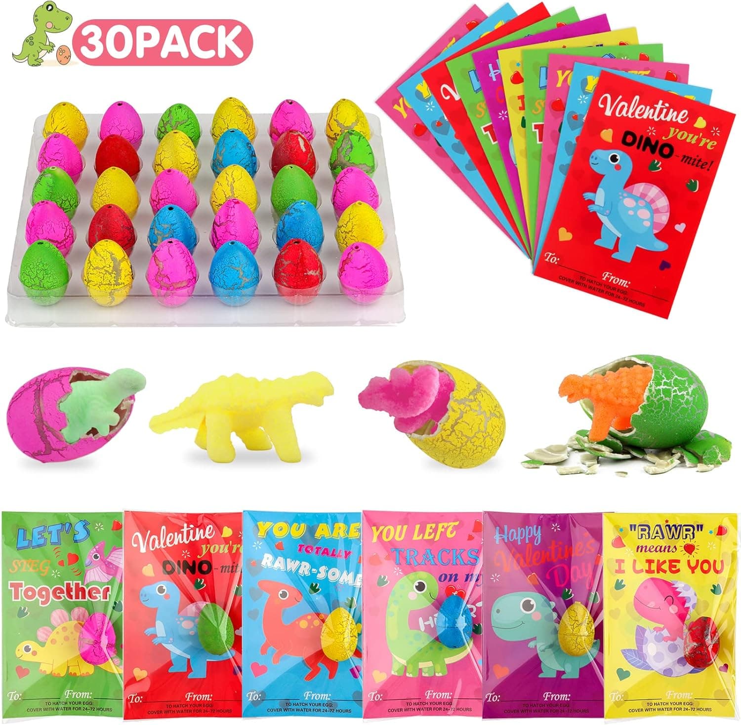 ANPHILE Valentines Dinosaur Pary Favors, 30 Pack Valentines Cards with Dinosaur Eggs Hatching Bulk, Valentines Day Gifts for Kids Students Classroom Class Exchange Gifts