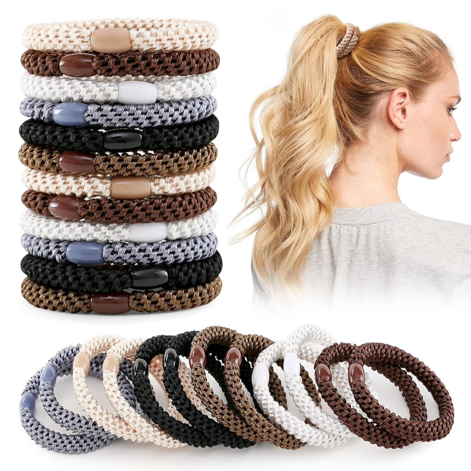 Bessrung Hair Ties for Women Thick Hair, 36 Pcs High Elastics Braided Hair Bands, Soft No Damage Ponytail Holder Hair Accessories with Bead(Black/Brown/White/Beige/Coffee)