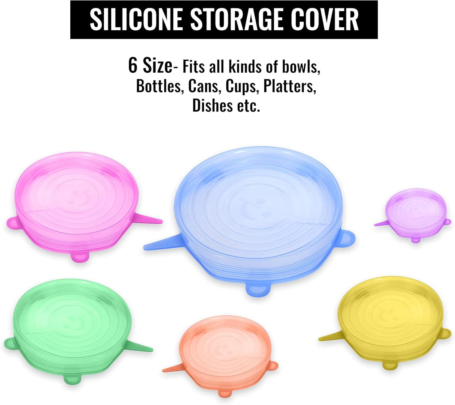 Silicone Flexible Stretch Lids – Stretchable Silicon Cover Lid to Fit Multiple Containers Sizes, Keep Food Fresh, Heat And Freeze, Expandable, Reusable, Durable (Pack of 6)