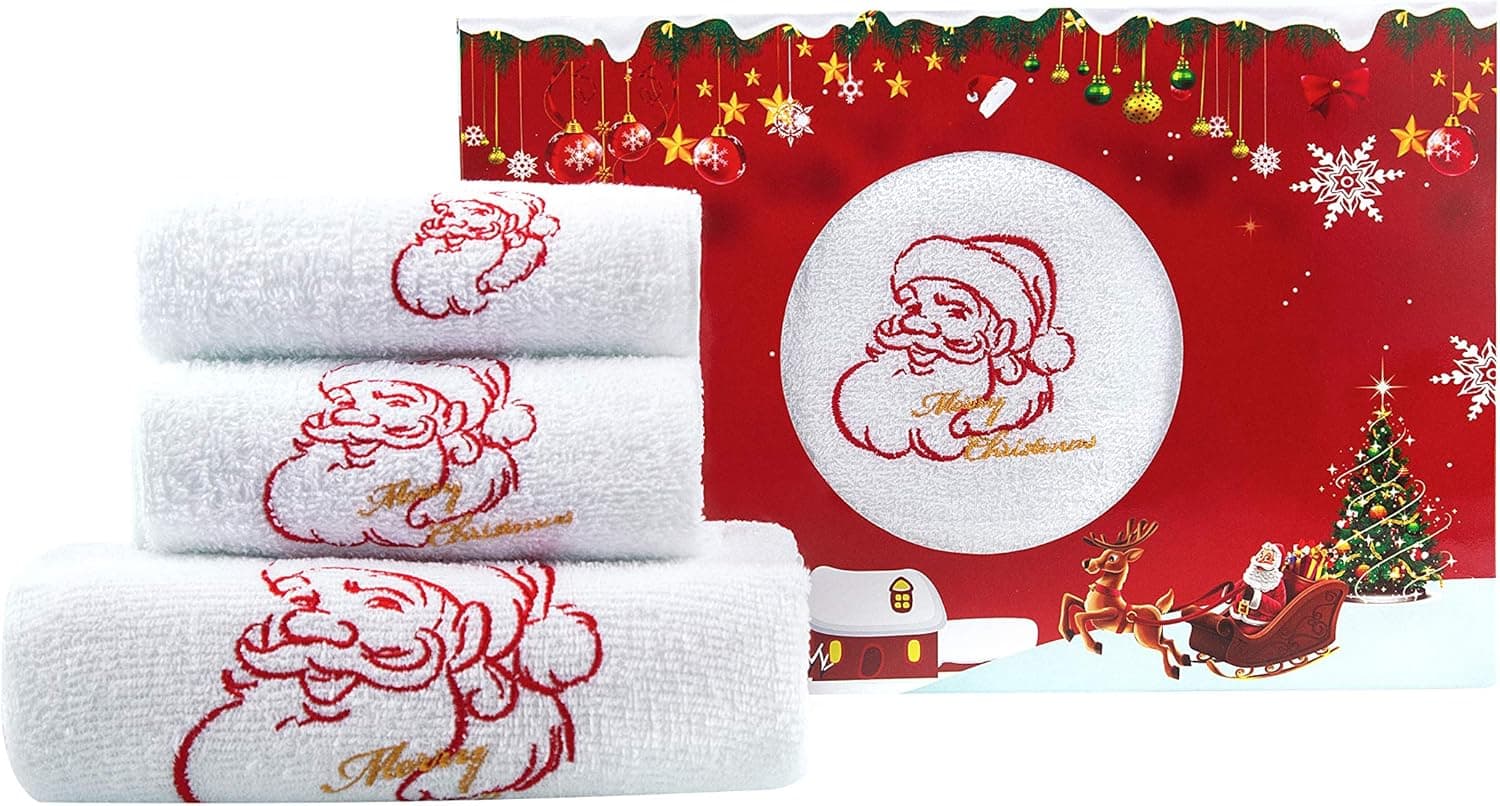 Q COMFORT Christmas Towels Set of Gift Box-2020 New washcloth Set Cleaning Long Lasting for Home Kitchen Bathroom Towel (Red Santa Claus)