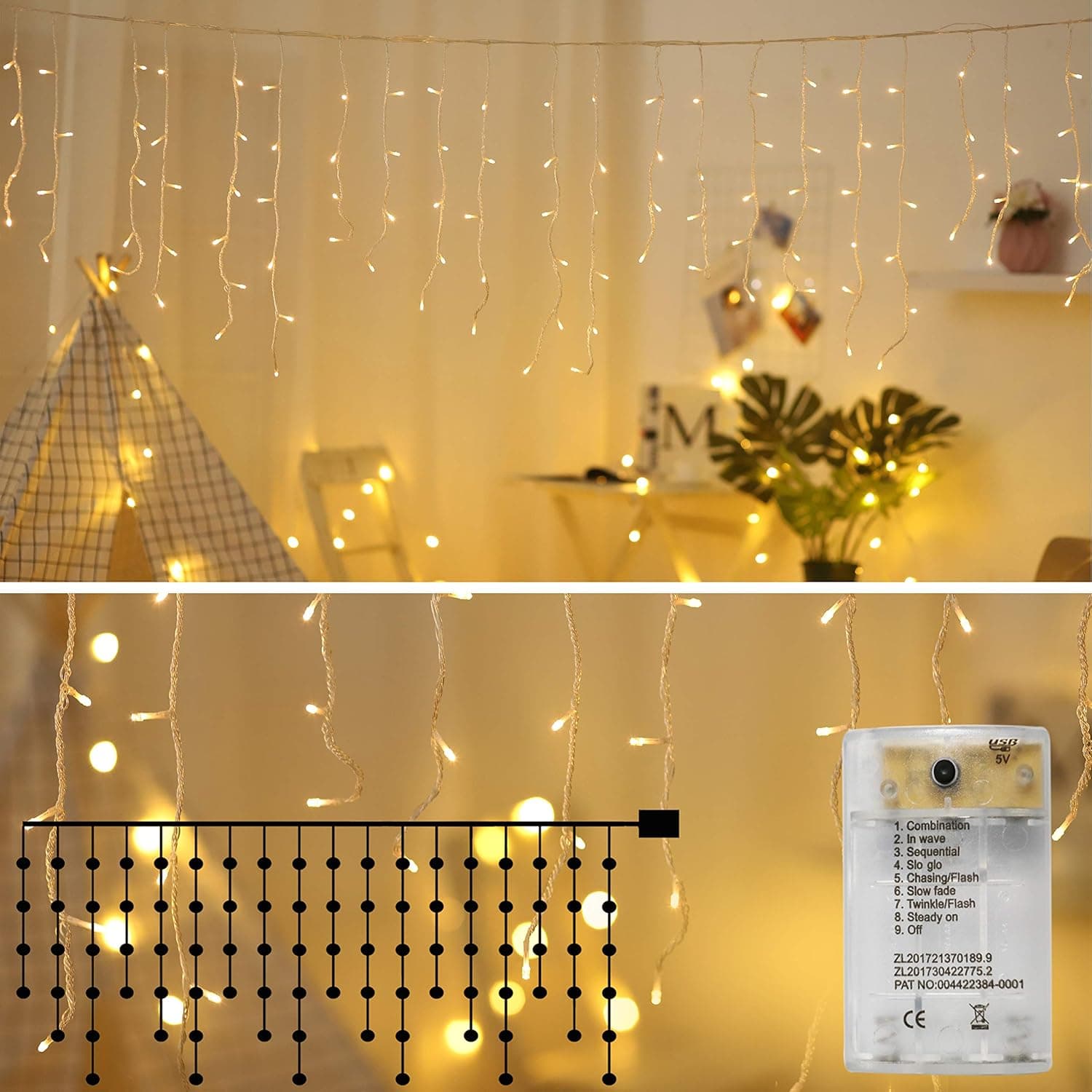 Areskey LED Icicle Lights,10Ft 90 LED Window Curtain String Light,8 Modes USB Battery Operated,Waterproof Fairy String Lights for Indoor Outdoor Wedding Party Bedroom Decoration,Warm White (2Pack)