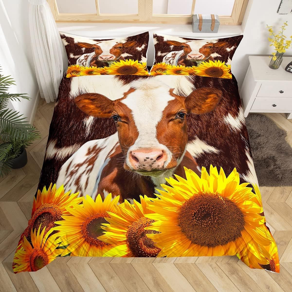 Feelyou Cow Print Bedding Set Queen for Girls Sunflower Cowhide Fur Comforter Cover Set Women Men Natural Cow Skin Duvet Cover Bedroom Rustic Farm Animal Floral Decor Bedspread Cover 3Pcs