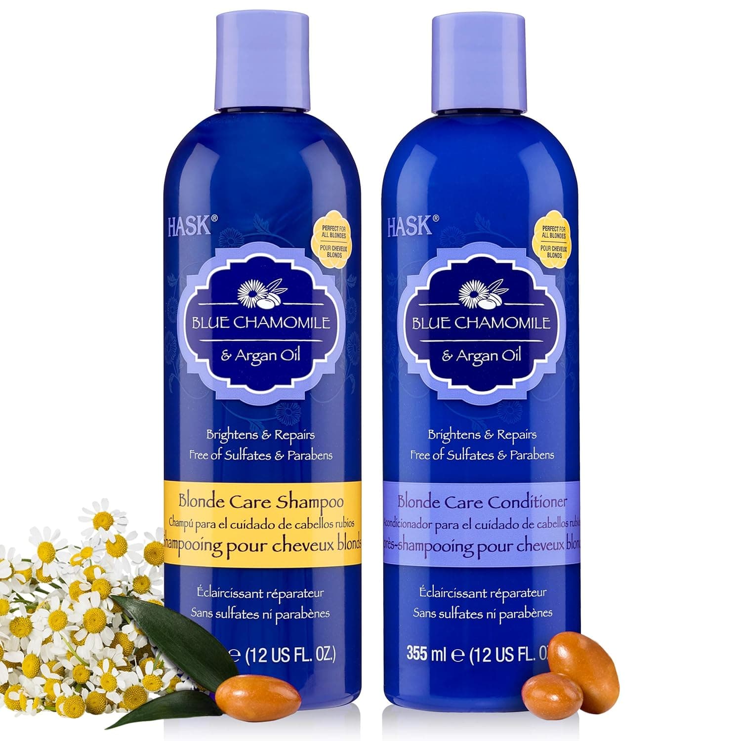 HASK BLUE CHAMOMILE Blonde Hair Care Shampoo + Conditioner Set for All Hair Types, Color Safe, Gluten-Free, Sulfate-Free, Paraben-Free, Cruelty-Free - 1 Shampoo and 1 Conditioner
