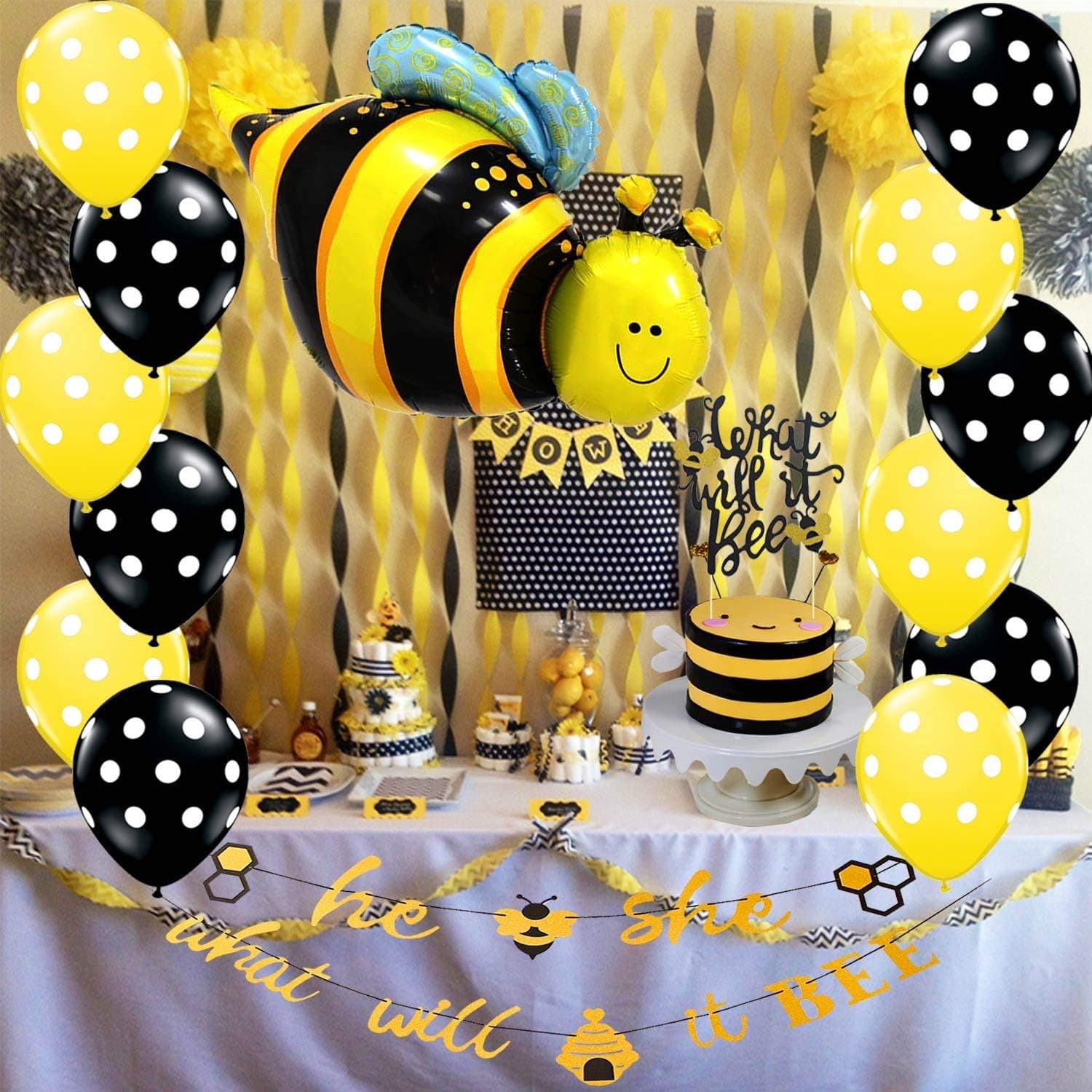 Bee Gender Reveal Banner Baby Shower Decorations Bumble Bee Cake Topper Balloons Kit Supplies