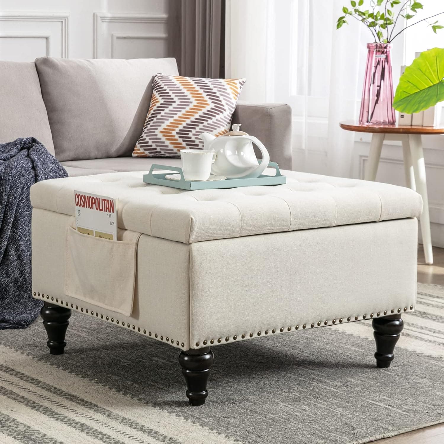 TTGIEET Wide Square Storage Ottoman Bench Upholstered Tufted Foot Rest Linen Fabric Oversized Coffee Table Large Ottomans for Living Room Bedroom, Beige