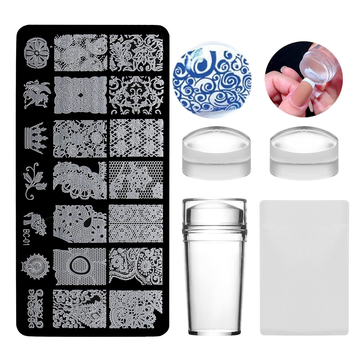 5 Pcs Nail Stamper Kit, Clear Silicone Nail Stamper with a Scrapper, Nail Stamp Templates and 2 Pc Replacements Silicone Heads, DIY Nail Art Stamper Tools Easy to Make French Tips