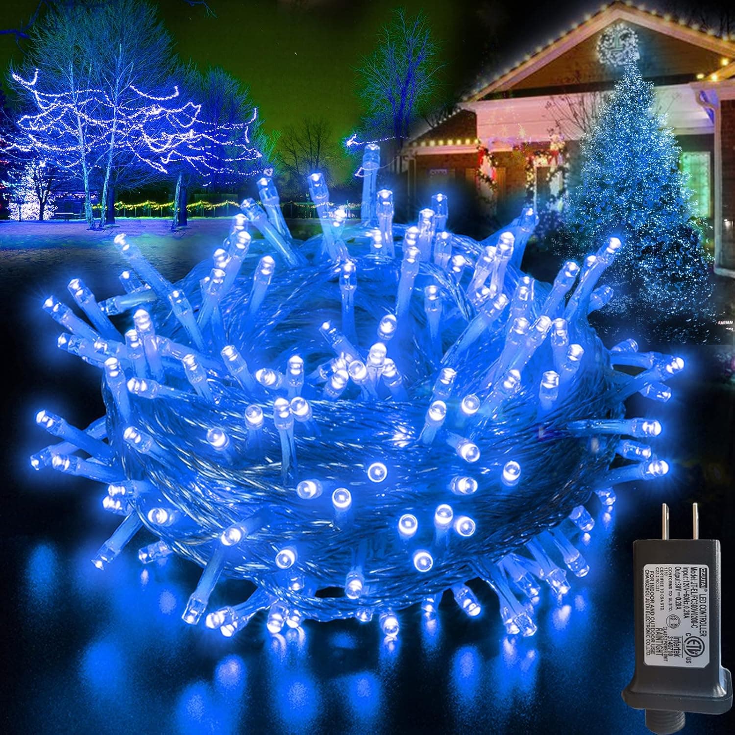 Blue String Lights Outdoor Christmas Decoration, 66ft 200 LED Christmas Lights Plug in, Indoor Connectable 8 Modes Clear Wire Twinkle Fairy String Lights for Xmas Tree Bedroom Halloween Party Decor