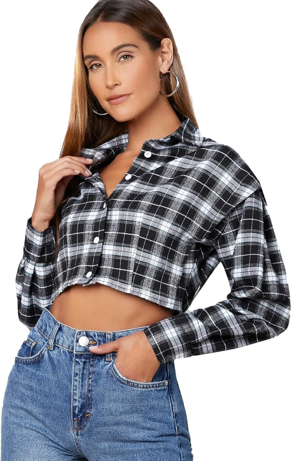 SweatyRocks Women's Cute Color Block Long Sleeve Crop Tops Plaid Button Down Blouse