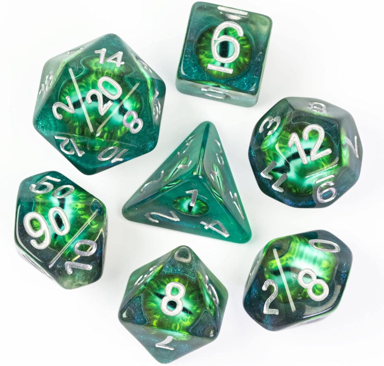 Cusdie 7-Die DND Dice, Polyhedral Dice Set Filled with Eyeball, for Role Playing Game Dungeons and Dragons D&D Dice MTG Pathfinder (Green Eyeball)…