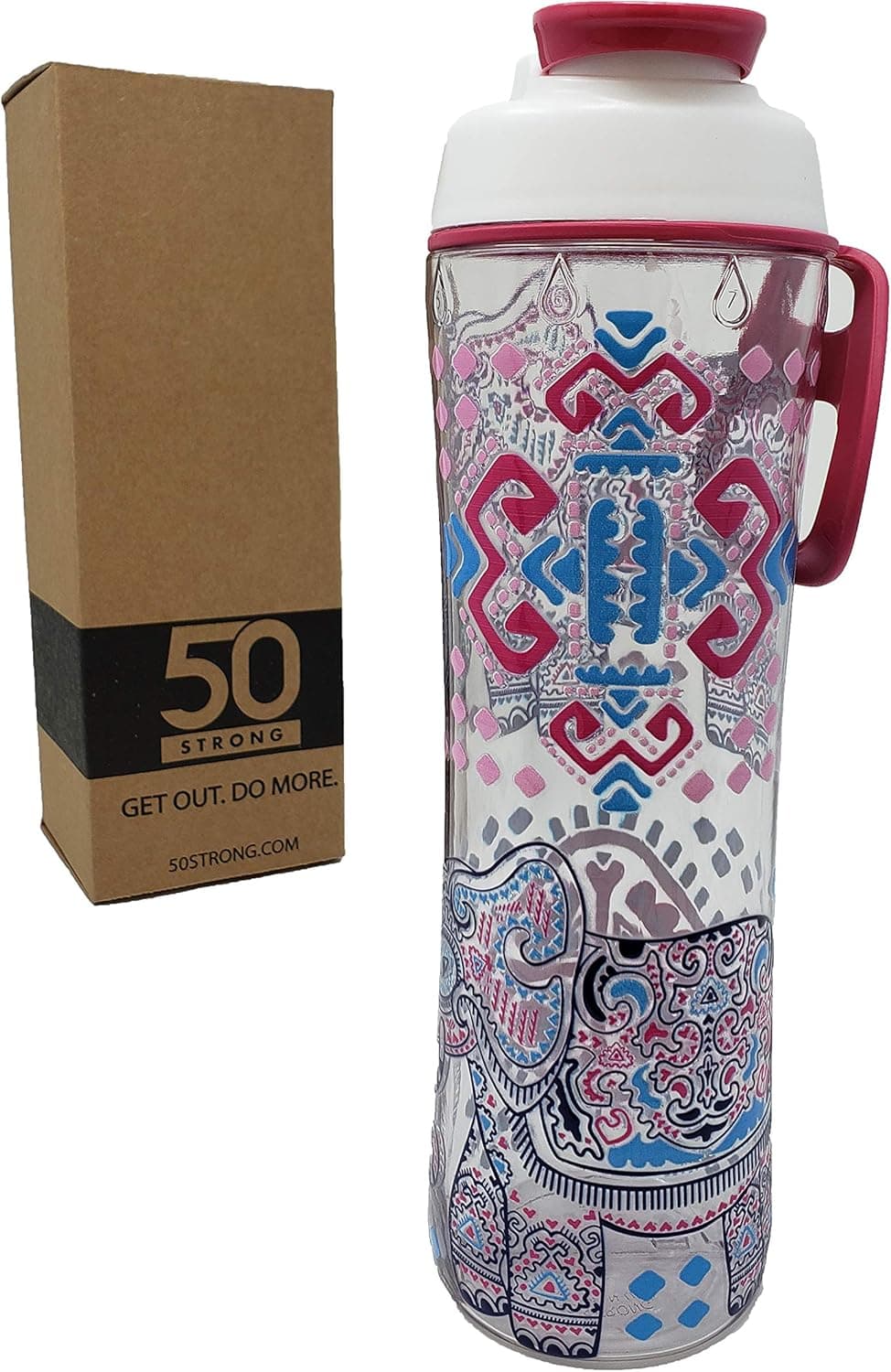 50 Strong BPA Free Gym Water Bottle with Ice Guard Flip Top Cap & Carry Loop - Cute Designer Prints - Perfect for Men, Women, Sports & Workout - 24 oz. - Made in USA (Elephants, 24 oz.)