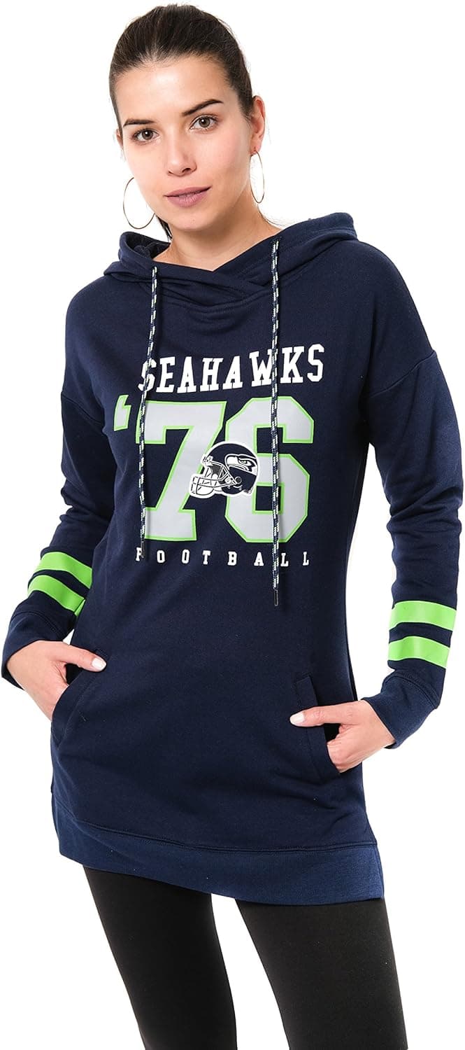 Ultra Game NFL Womens Soft French Terry Tunic Hoodie Pullover Sweatshirt