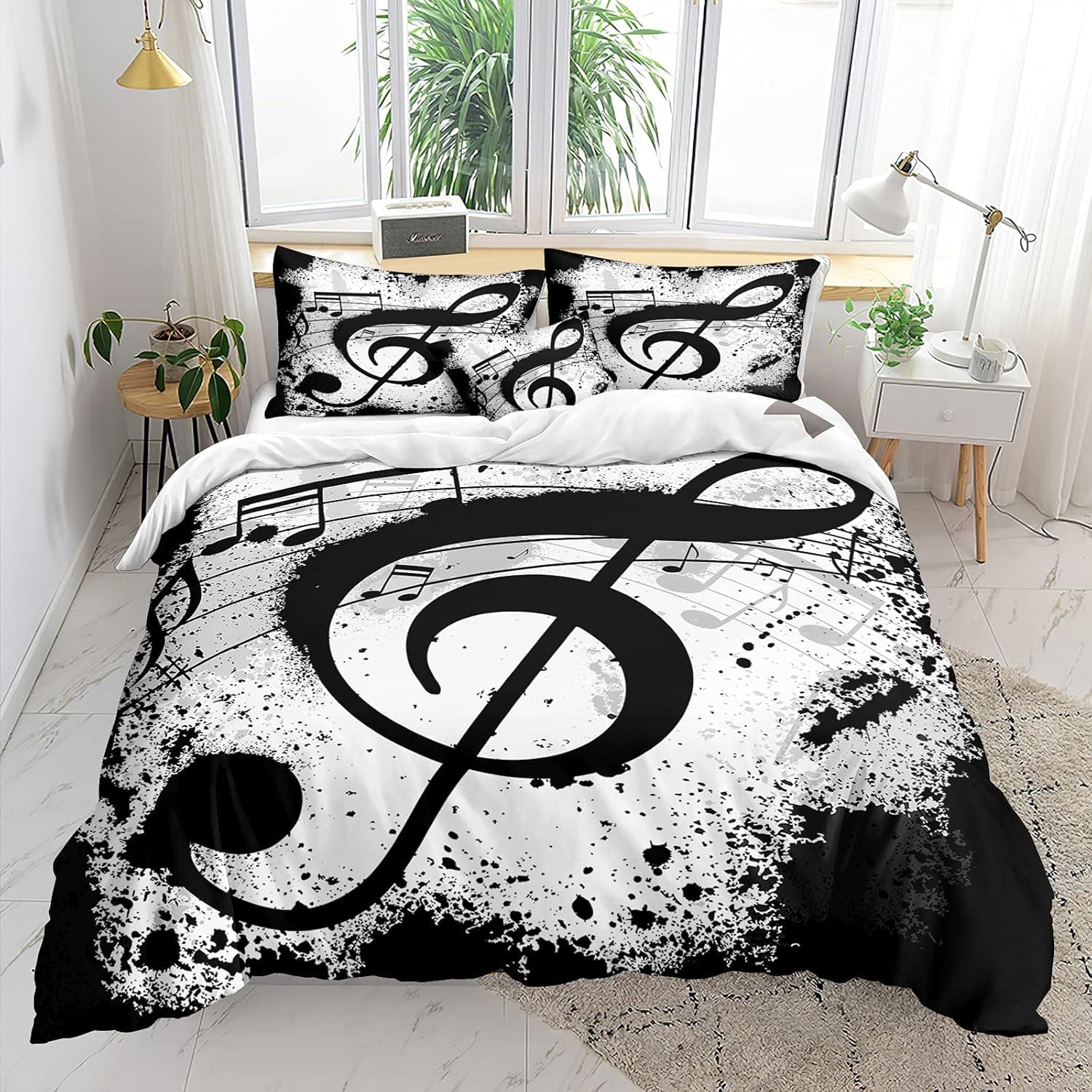 Music Clef Duvet Cover Set Music Note Bedding Black White Clef Printed Design Teens Boys Girls Bedding Set Queen 1 Duvet Cover 2 Pillowcases (Queen, Black White)