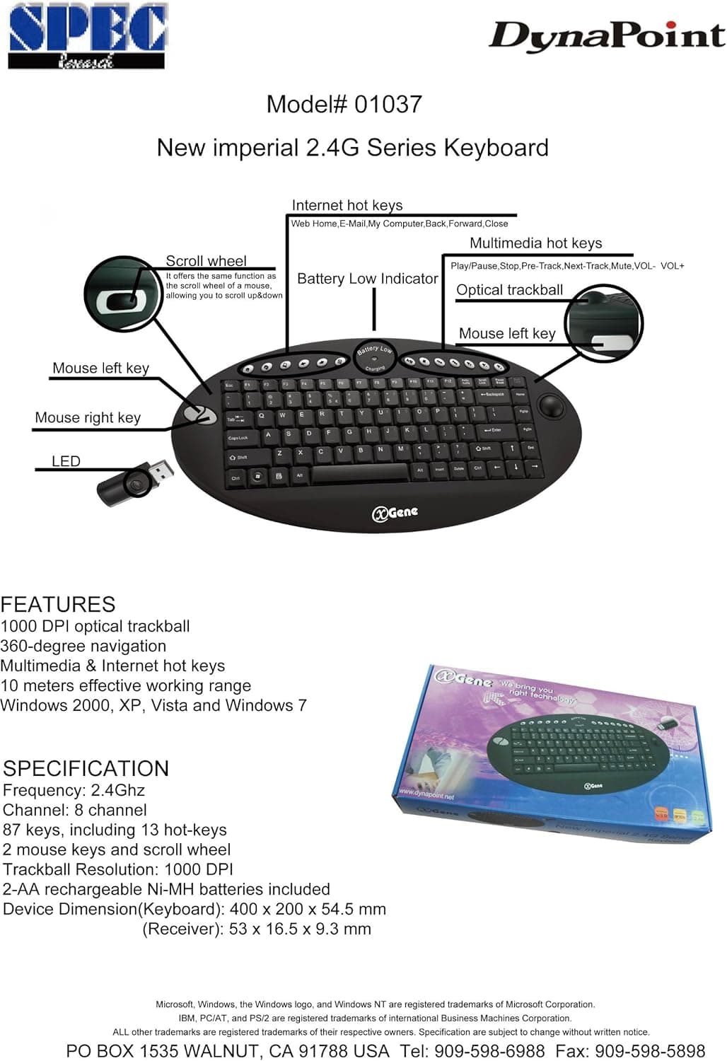 XGene 01037 87-Key 2.4GHz Wireless On-Lap Keyboard w/Built-in Trackball Mouse & Multimedia Buttons (Black)
