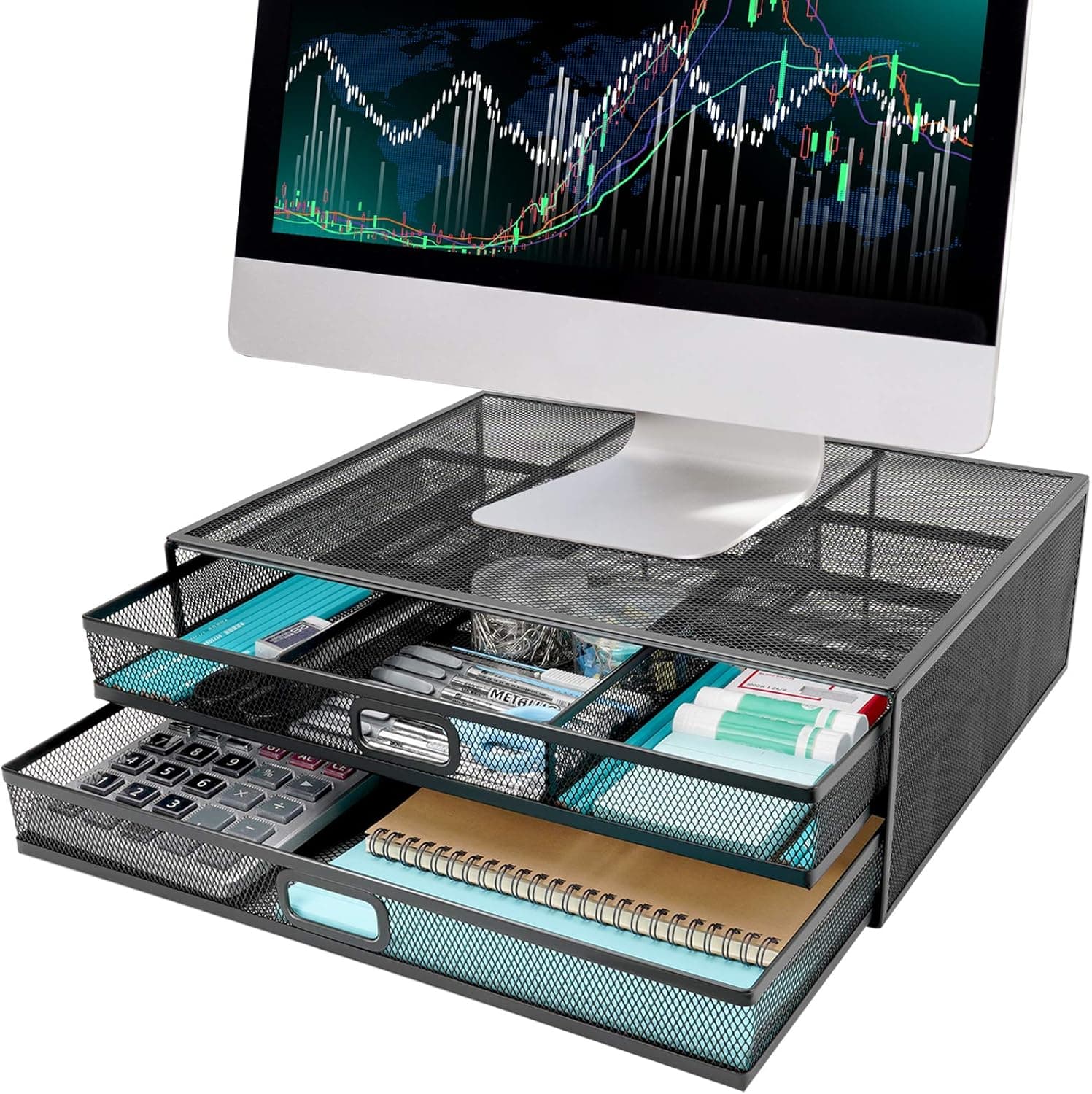Wellerly Monitor Stand Riser with Drawer Metal Mesh Desk Organizer - Dual Pull Out Storage Drawer for Computer, PC, Laptop, Printer, Notebook, iMac - Desktop Storage for Office School Home (Black)