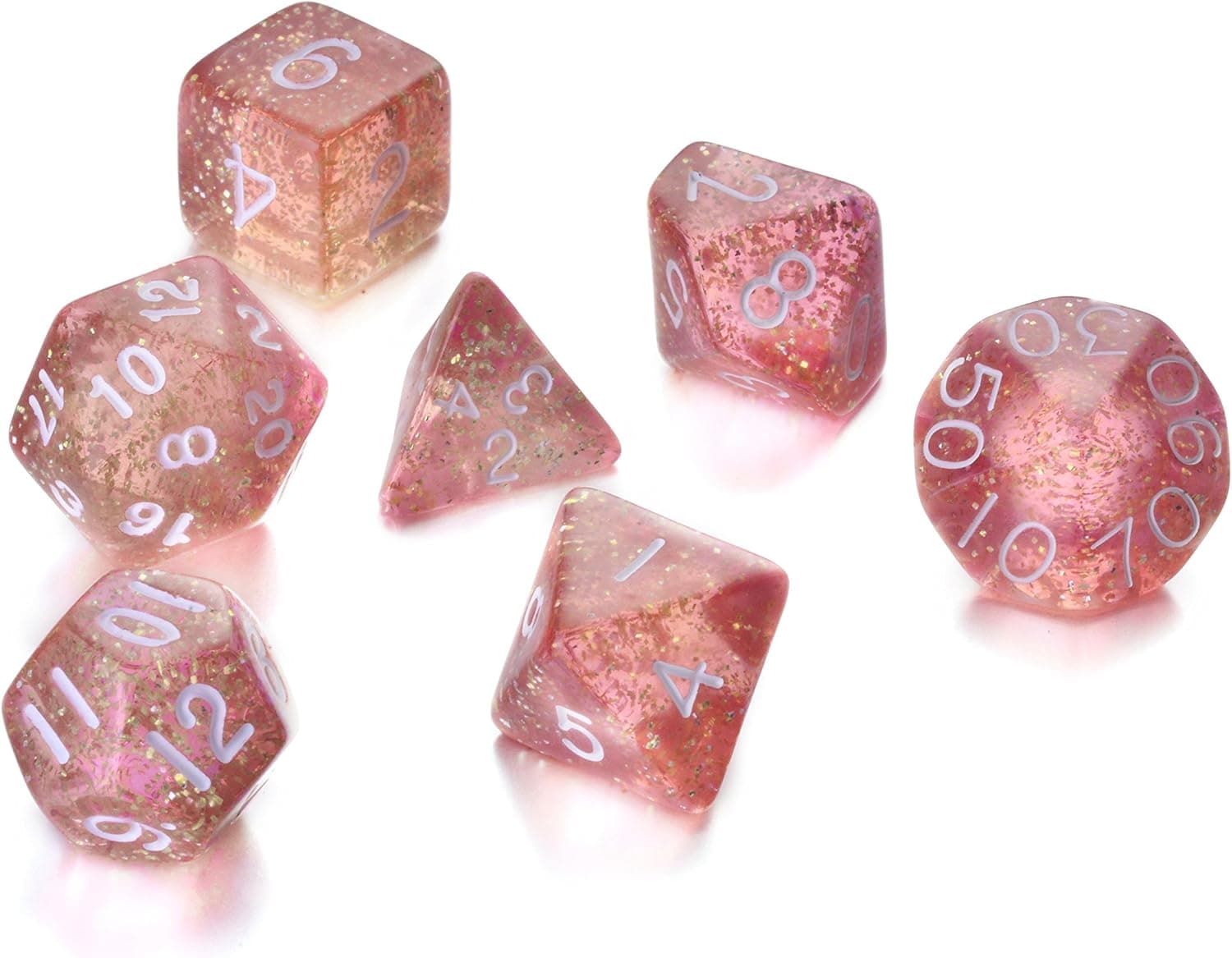 REINDEAR 7 Die Polyhedral Role Playing Game Dice Set with Velvet Pouch (Flash Powder Pink)