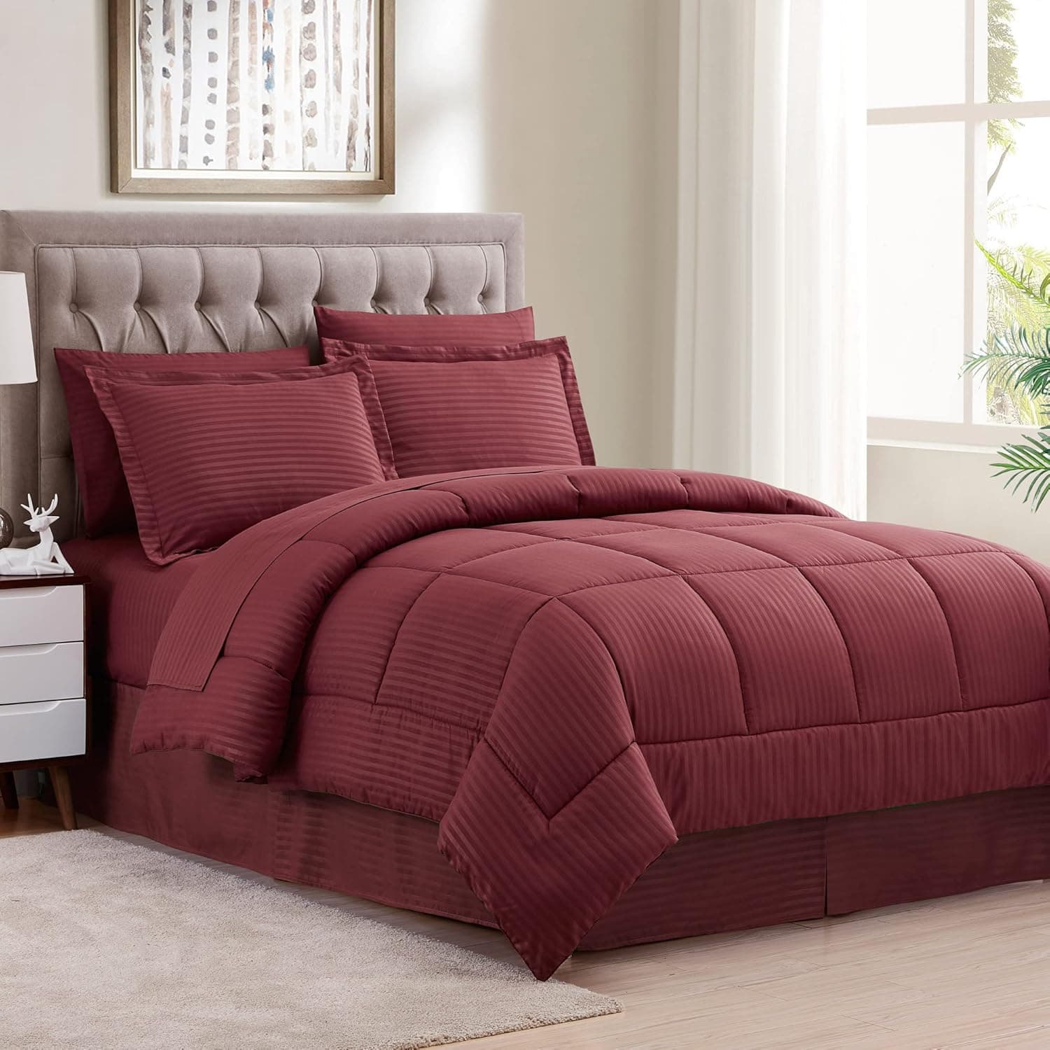 King Size Comforter Set 8 Piece Bed in a Bag with Bed Skirt, Fitted Sheet, Flat Sheet, 2 Pillowcases, 2 Pillow Shams, King, Dobby Burgundy