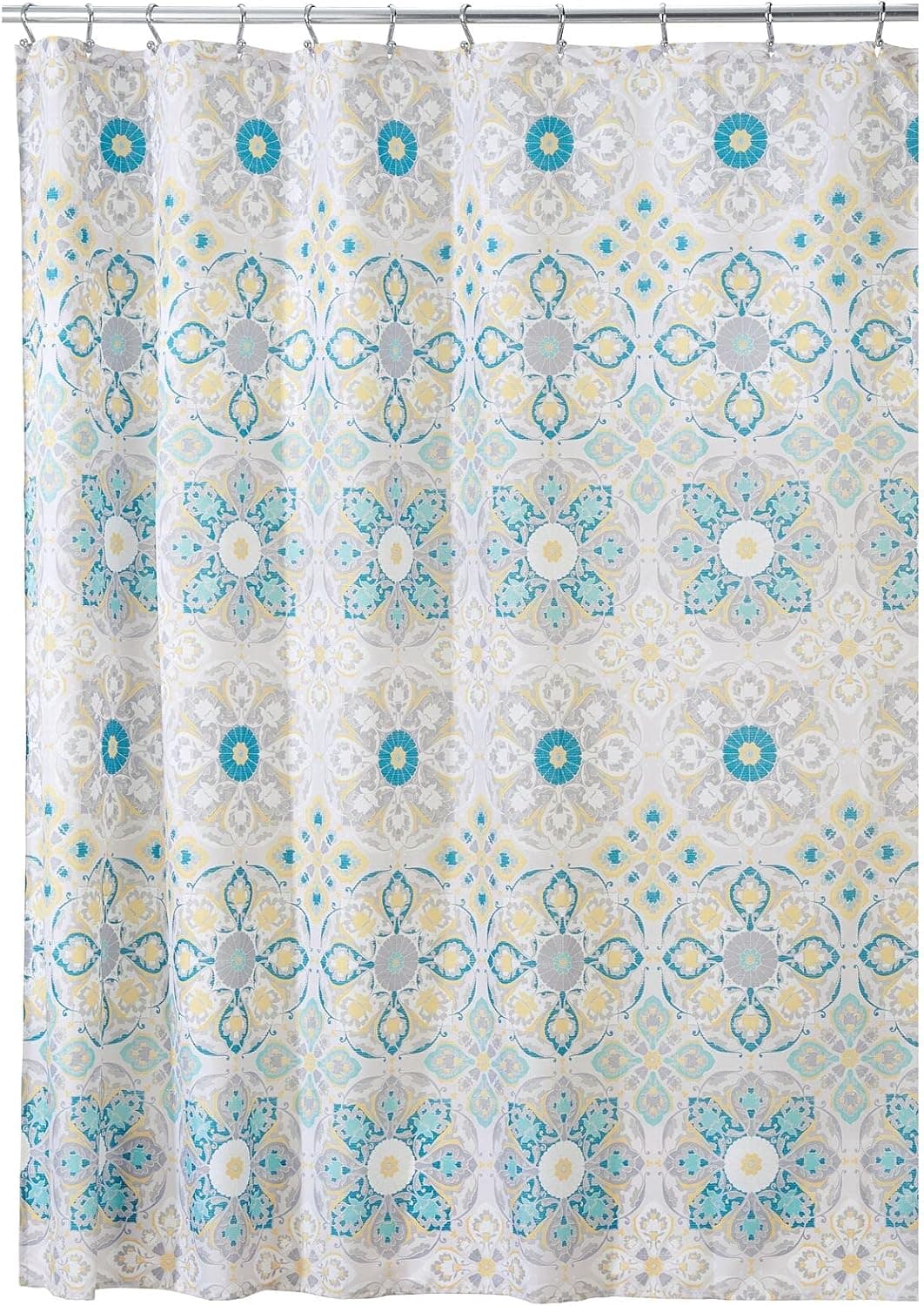 mDesign Decorative Medallion Print, Easy Care Fabric Shower Curtain with Reinforced Buttonholes, for Bathroom Showers, Stalls and Bathtubs, Machine Washable - Teal/Yellow