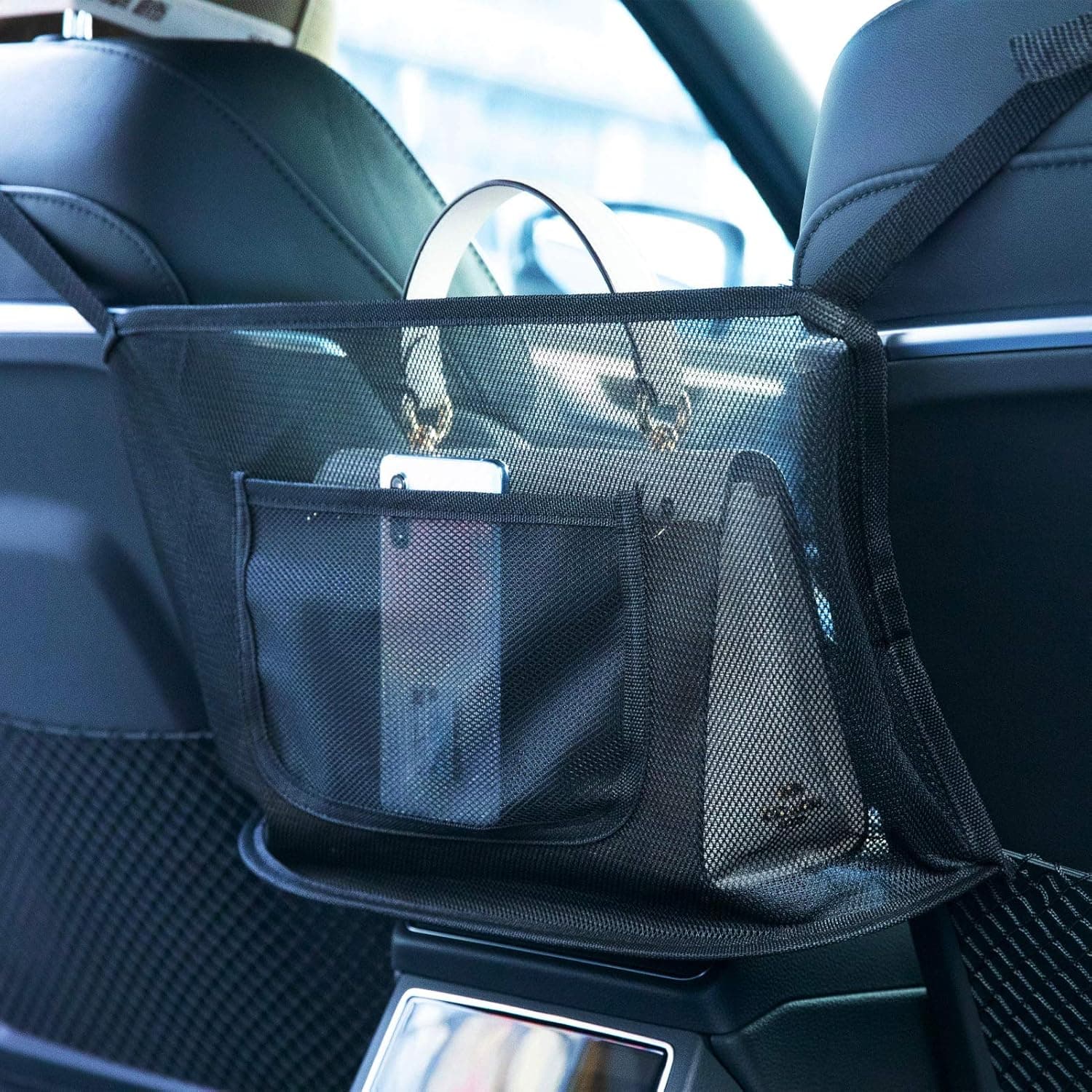 Car Net Pocket Handbag Holder, Mesh Car Backseat Organizer, Car Storage Netting Pouch for Purse Storage Phone Documents Pocket,Barrier of Backseat Pet Kids,Cargo Tissue Holder (Black#1)