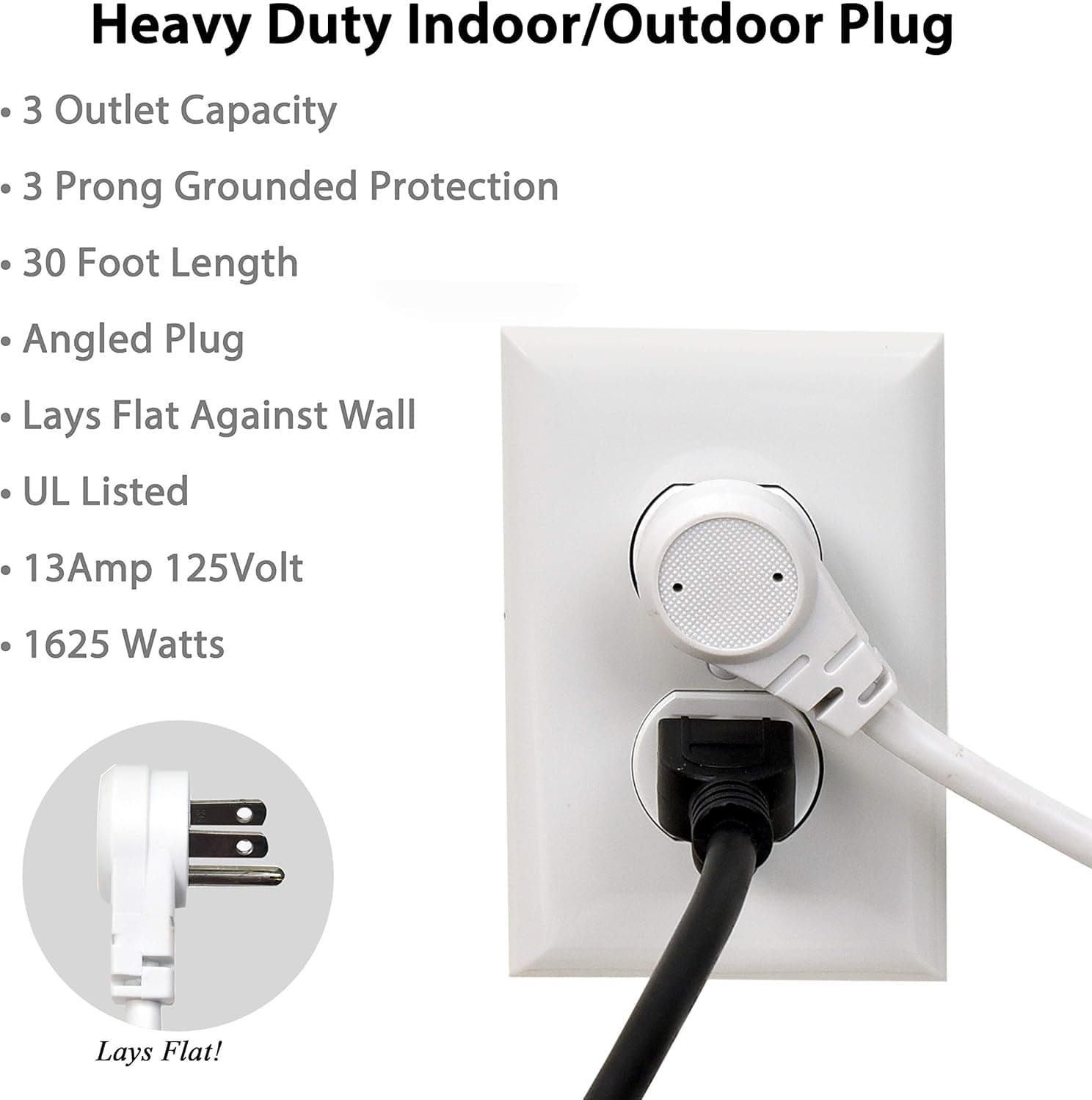 Electes 30 Feet Heavy Duty Extension Cord / Wire , Multi 3 Outlet , 3 Prong Grounded , Angled Flat Plug , 16/3 , SPT3 , UL Listed , White {Value! 3 Pack}