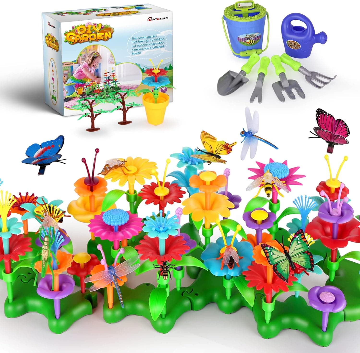 175Pcs STEM Toddler Toys for Girls Age 3-4, Flower Garden Building Toys, Kids Gardening Set, Watering Can, Fake Bugs, Pretend Play Indoor Outdoor Kids Toys for 3 5 6 7 Year Old Girl Boy Birthday Gifts