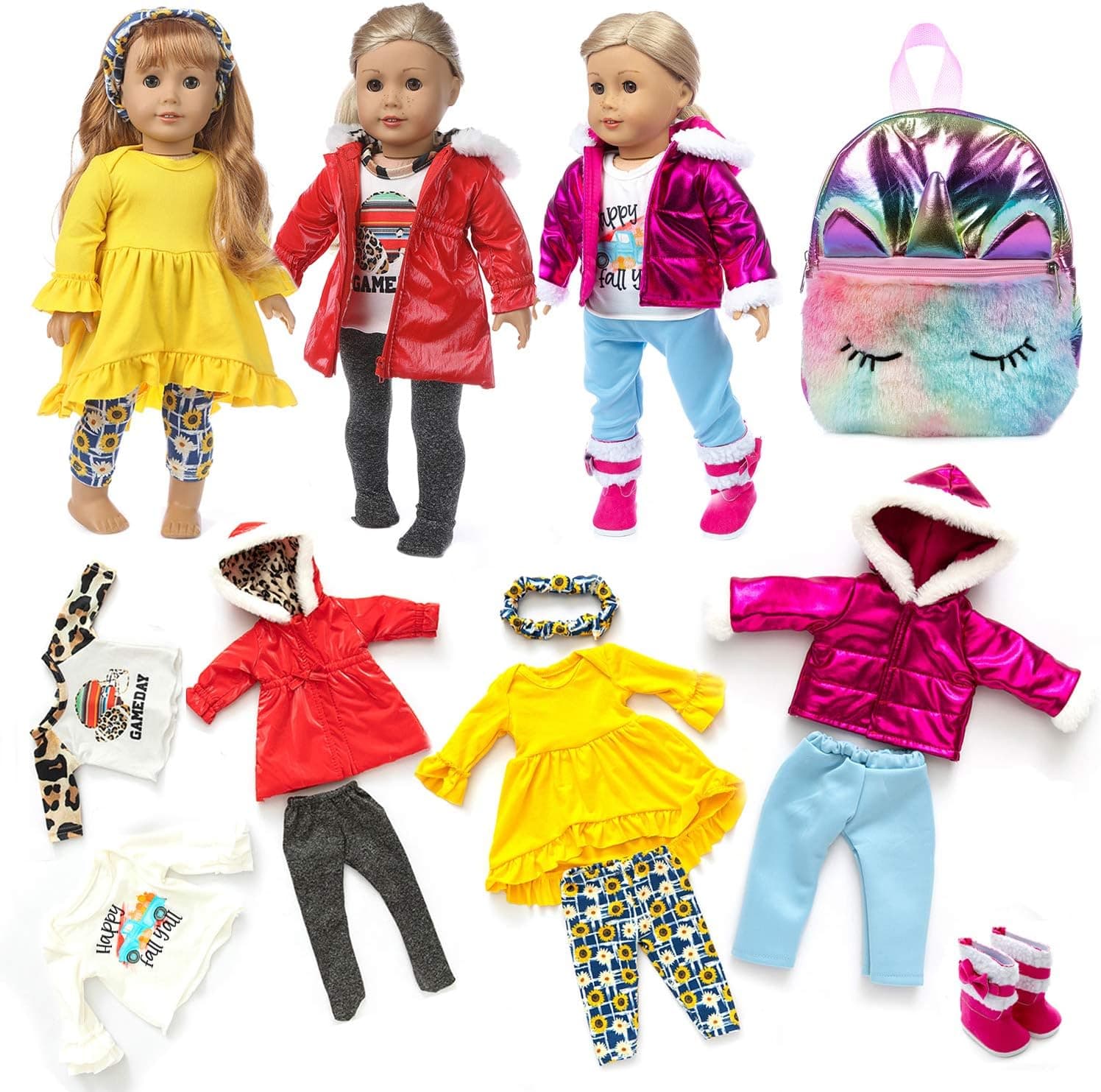 HOAYO 11 Pcs 18 Inch Doll Outfits with Kid's Backpack, 3 Sets Doll Clothes with Headband, 1 Pair of Boots