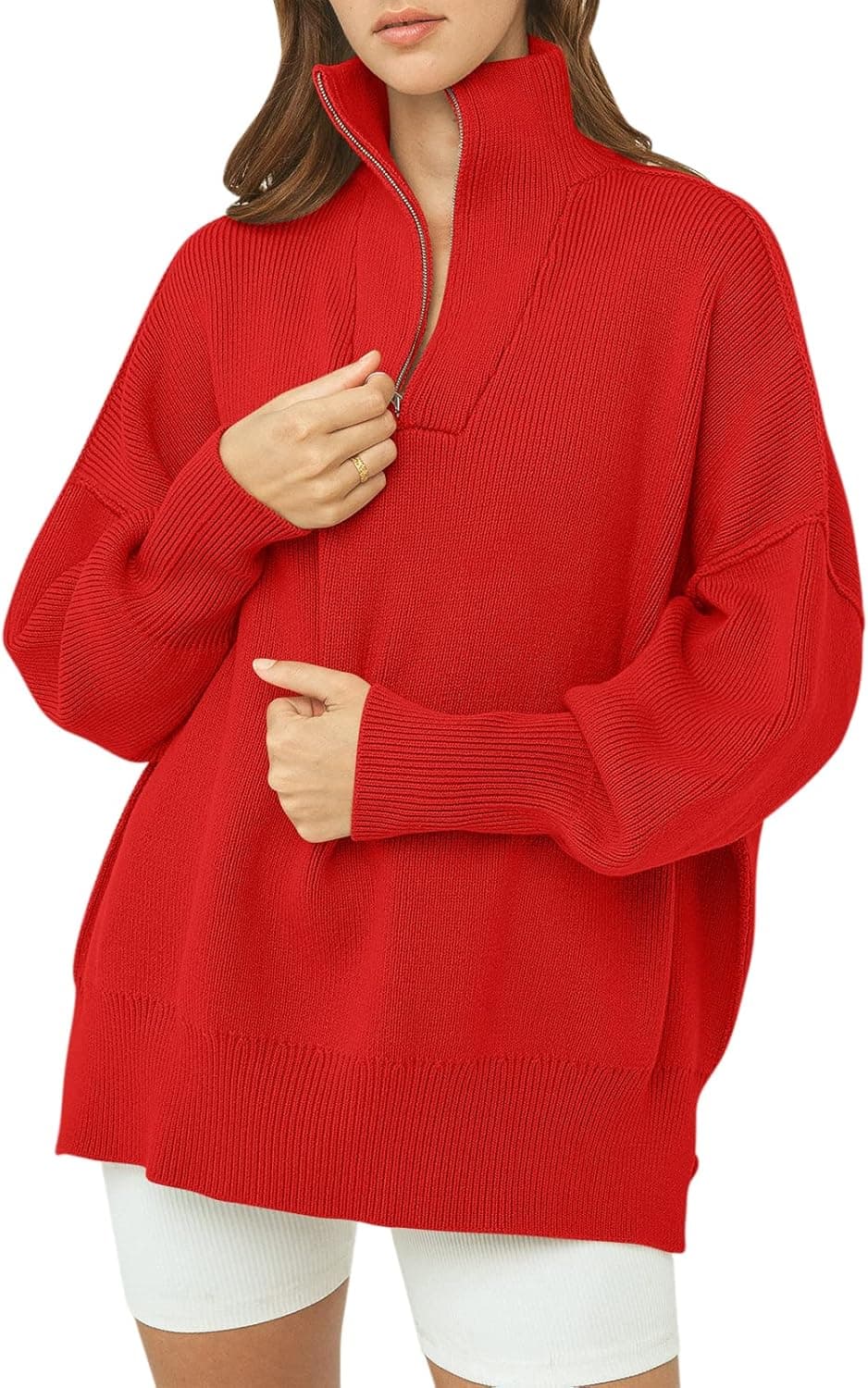 ANRABESS Women's Long Sleeve 1/4 Zipper Collar Drop Shoulder Oversized Slouchy Sweatshirt Pullover Sweater with Slit
