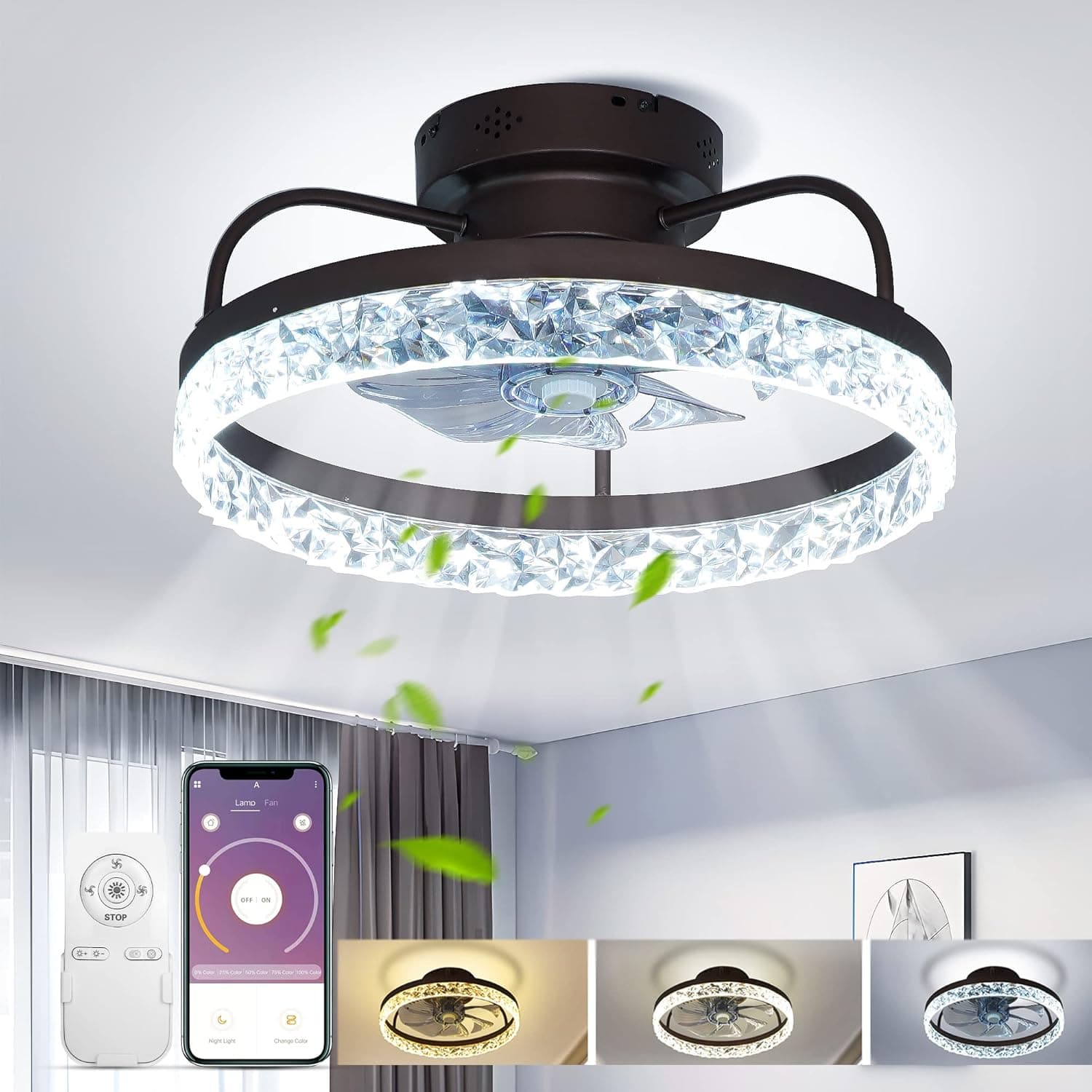 20" Ceiling Fan with Light and Remote Control, Crystal Low Profile Ceiling Fan Dimmable LED 3 Color 3 Speeds Timing, Flush Mount Ceiling Fan for Kids Room Bedroom Living Room Kitchen