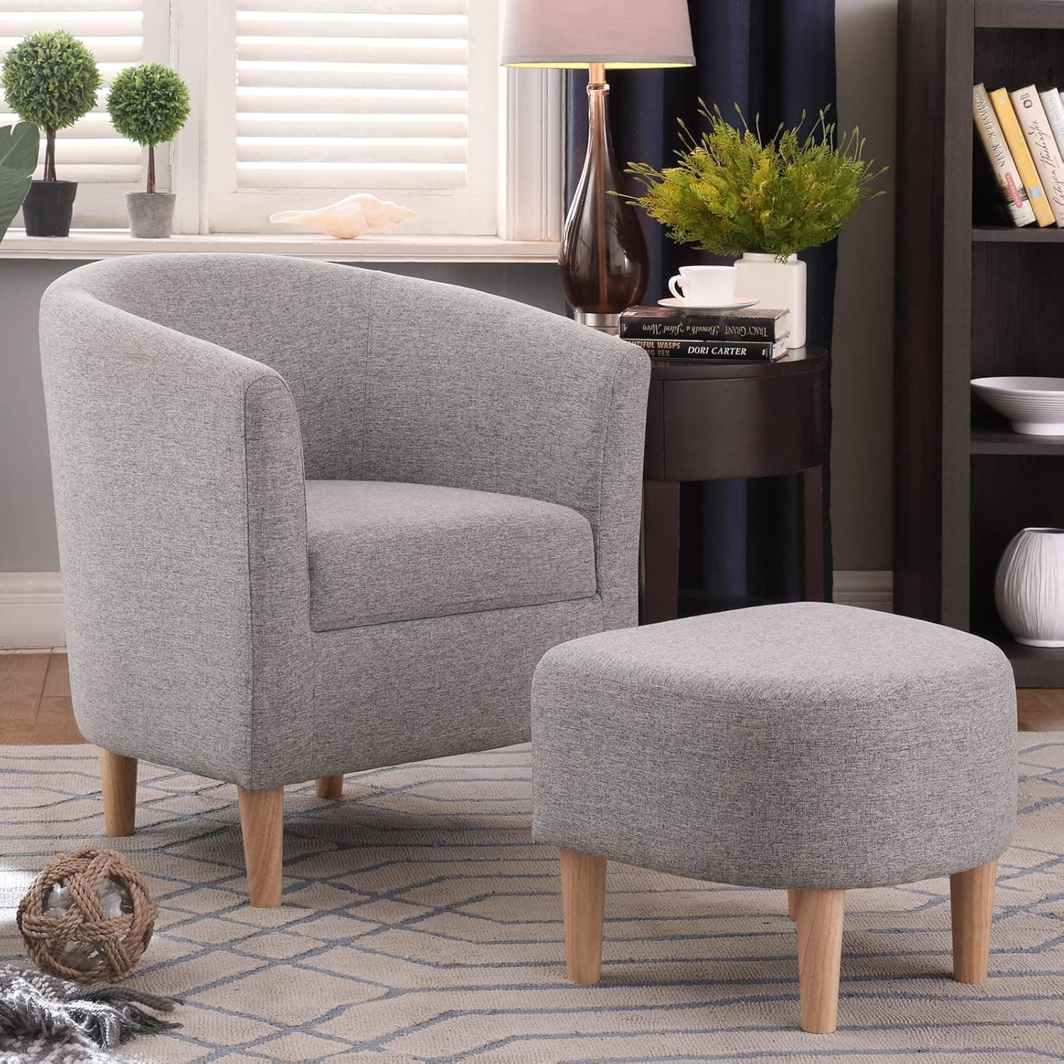 DAZONE Accent Chair with Ottoman, Mid Century Modern Barrel Chair Comfy Fabric Armchair and Footrest Set, Upholstered Club Tub Round Arms Chair for Living Room Bedroom Reading Room, Grey