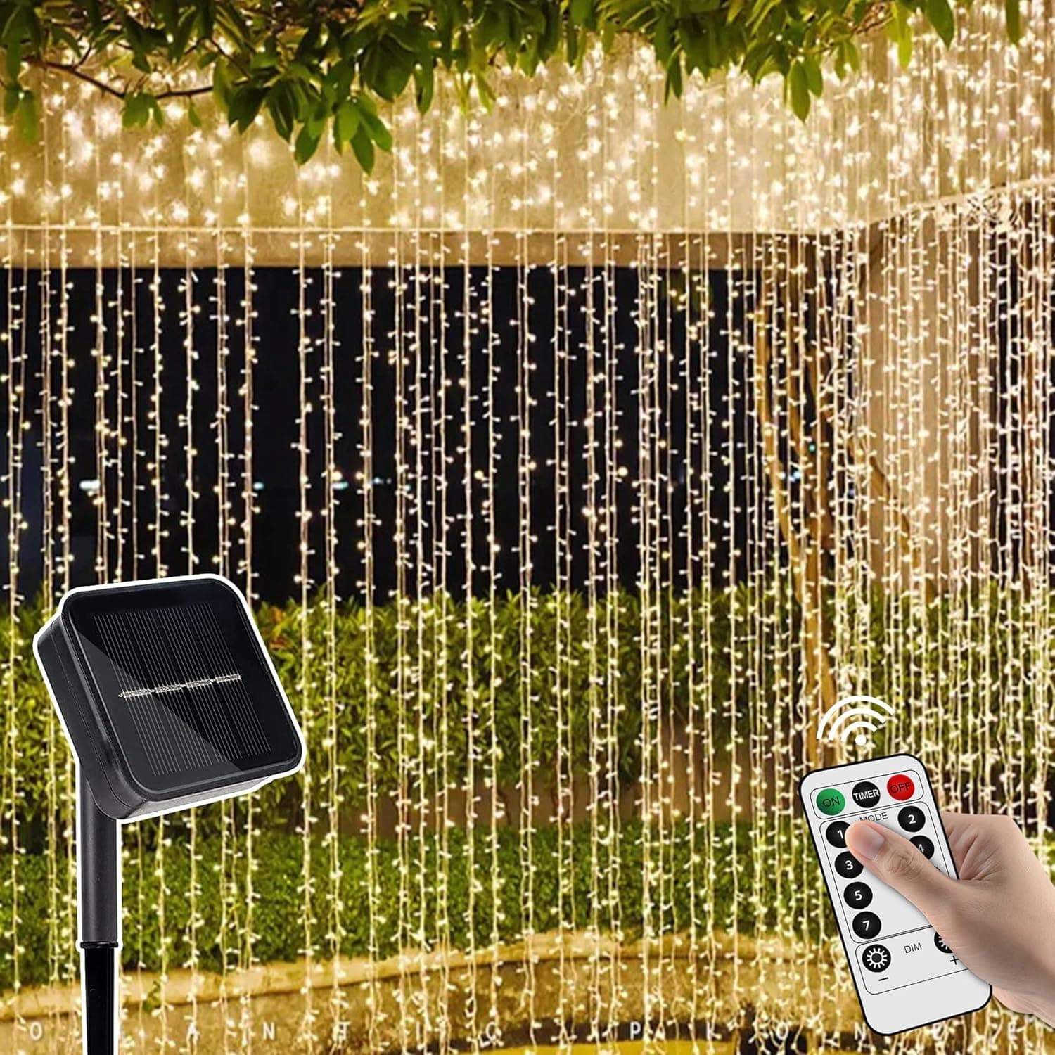 weillsnow 304 LED Solar Curtain Lights Remote Control with 8 Modes, Outdoor Christmas Lights Waterproof for Window Patio Garden Balcony Wedding Party Christmas Decorations(Warm White)